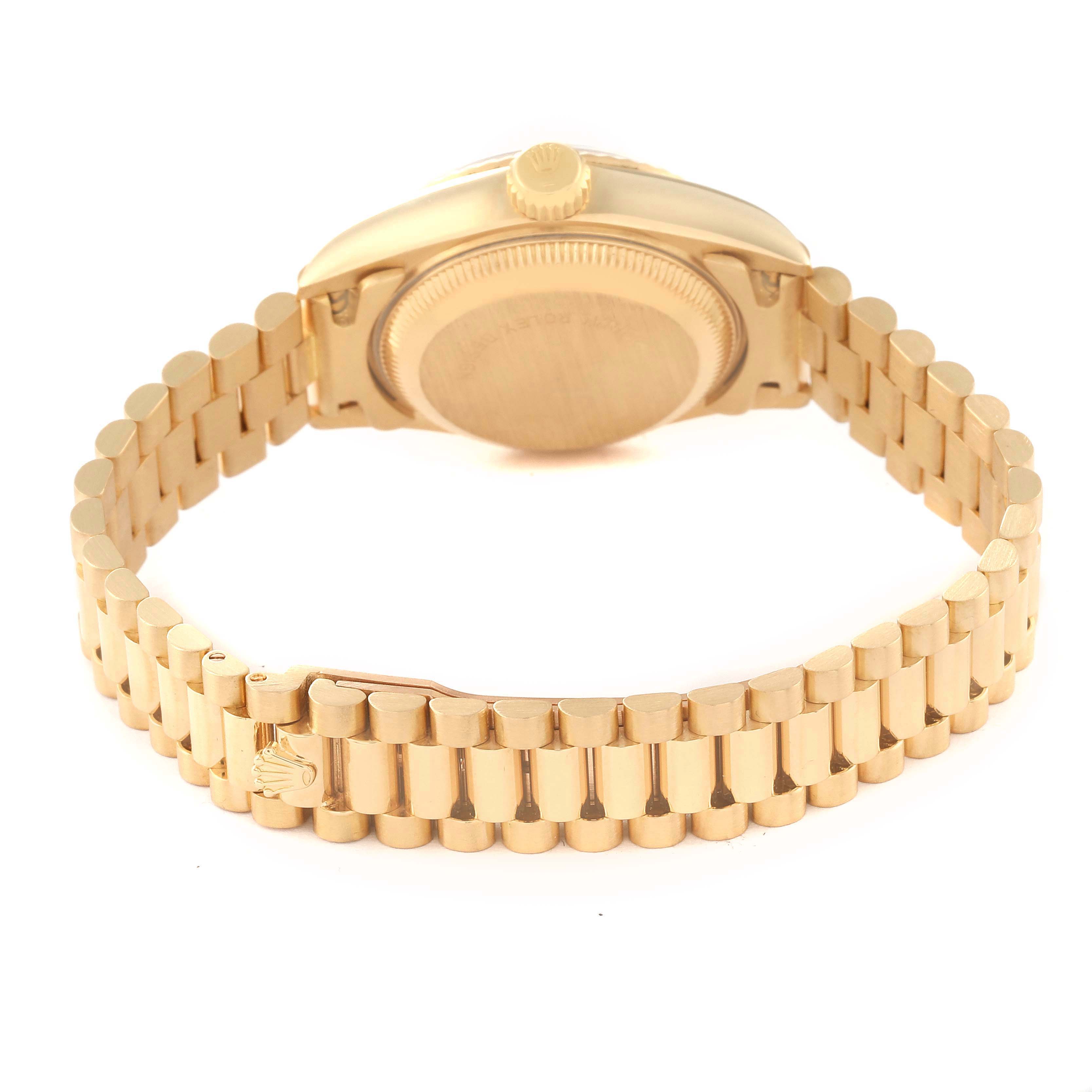 The image shows the back view of a Rolex President 69178 Women's Yellow Gold Champagne Dial 69178 Women's Yellow Gold Champagne Dial watch, highlighting the case back and gold bracelet.