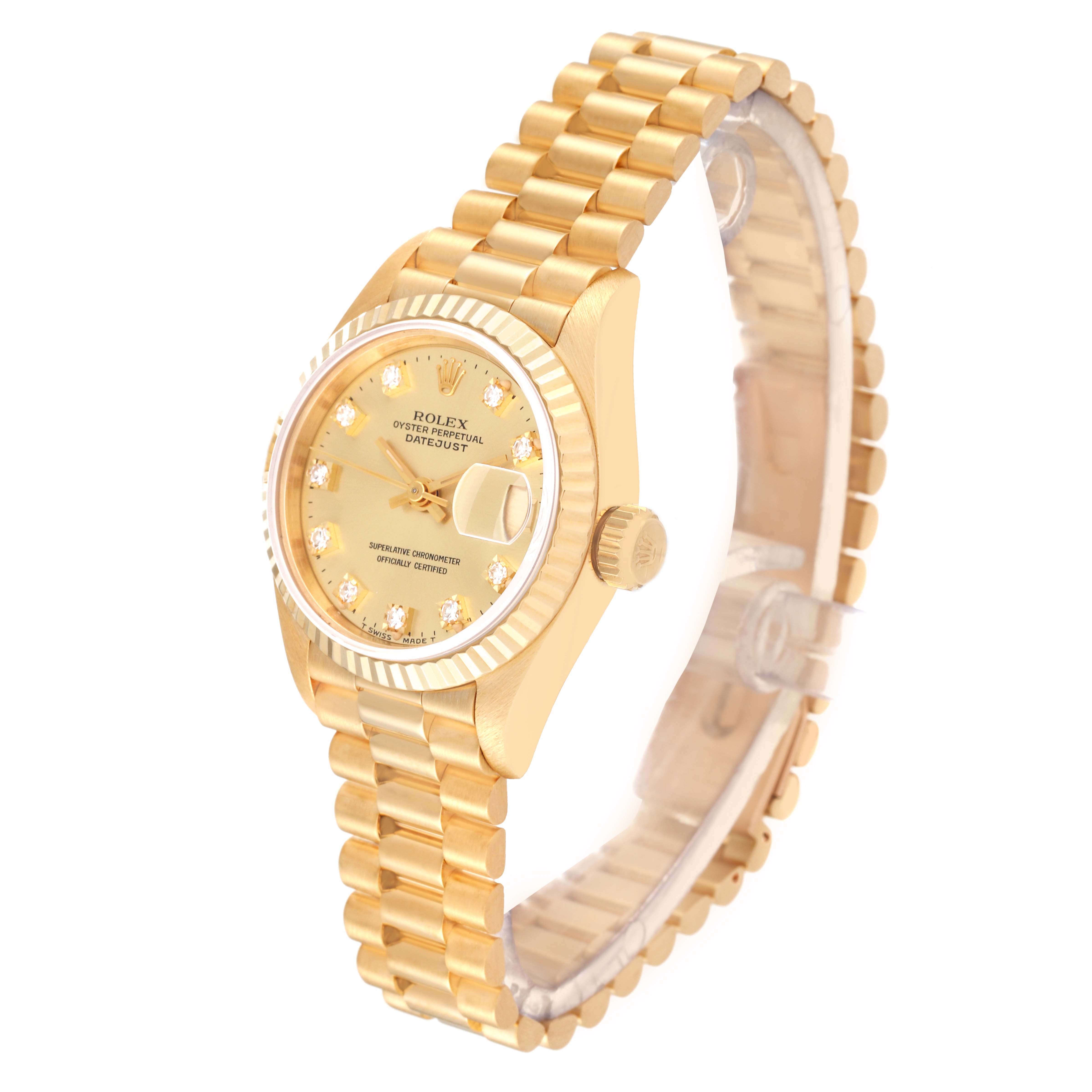 The Rolex President 69178 Women's Yellow Gold Champagne Dial 69178 Women's Yellow Gold Champagne Dial watch is shown at a three-quarter angle displaying its face, bezel, crown, and part of its bracelet.