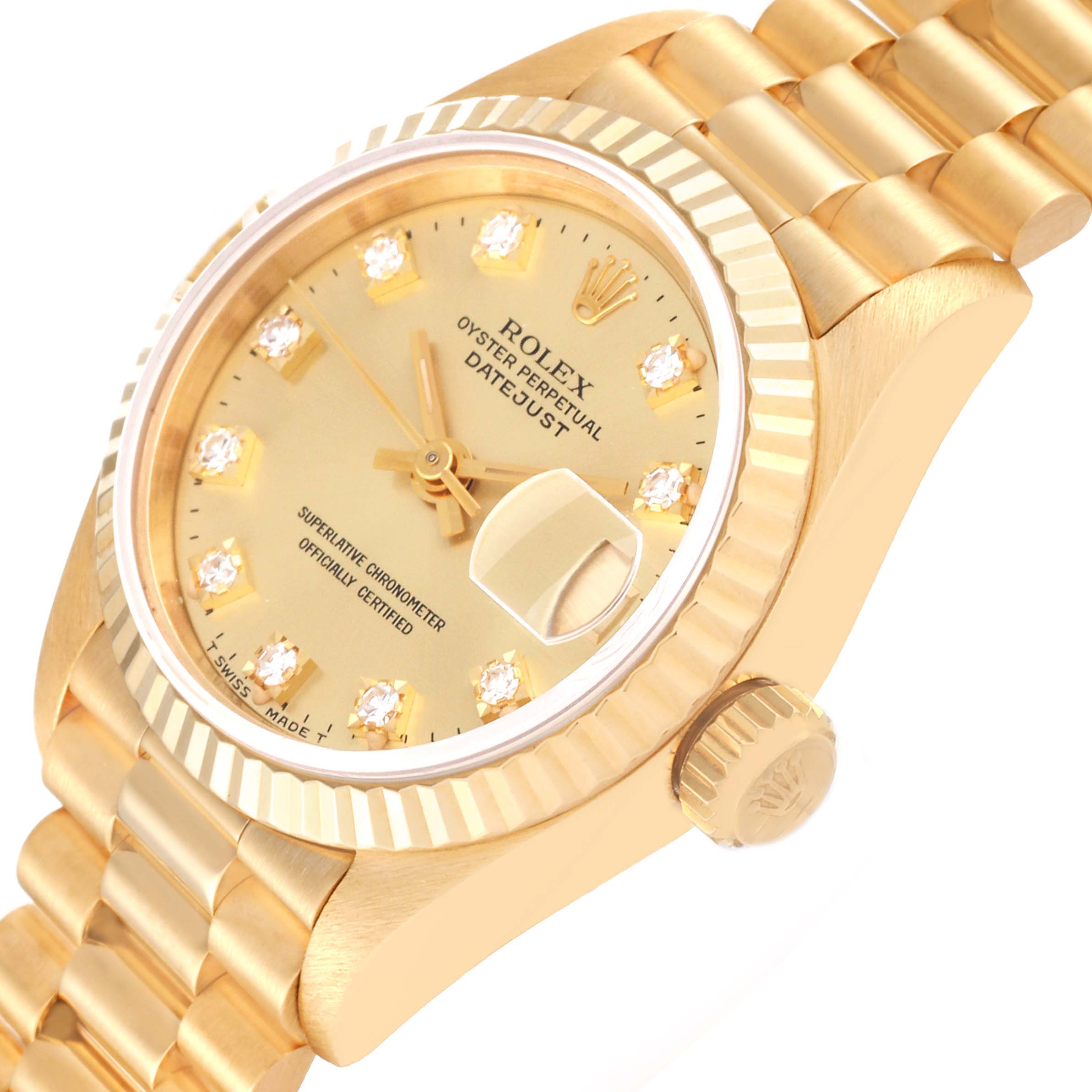 The image shows a close-up, angled view of the Rolex President 69178 Women's Yellow Gold Champagne Dial 69178 Women's Yellow Gold Champagne Dial Datejust model, highlighting the dial, bezel, and part of the bracelet.