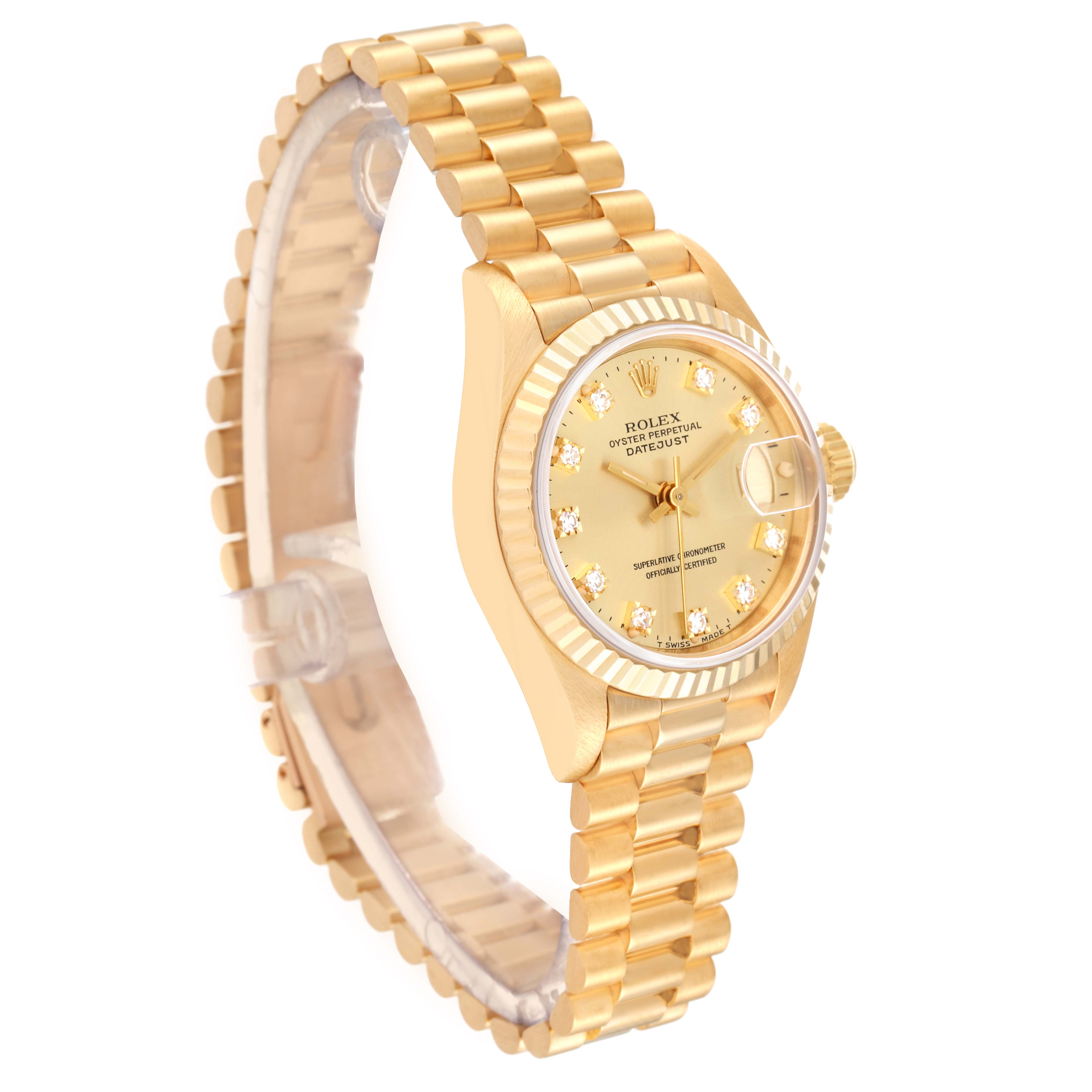 This image shows a side angle of the Rolex President 69178 Women's Yellow Gold Champagne Dial 69178 Women's Yellow Gold Champagne Dial model, highlighting the watch face, band, and crown.