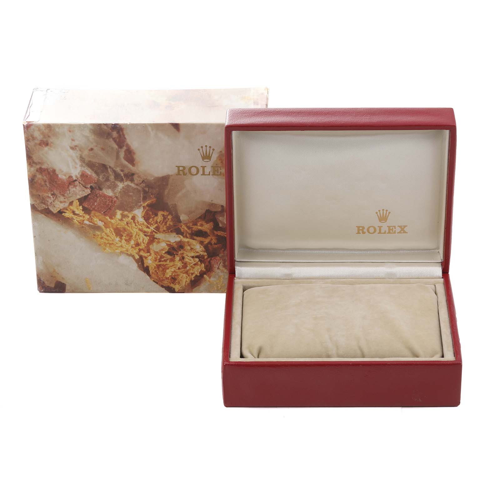 The image shows an open Rolex President 69178 Women's Yellow Gold Champagne Dial 69178 Women's Yellow Gold Champagne Dial model watch box with the outer cardboard packaging visible in the background.