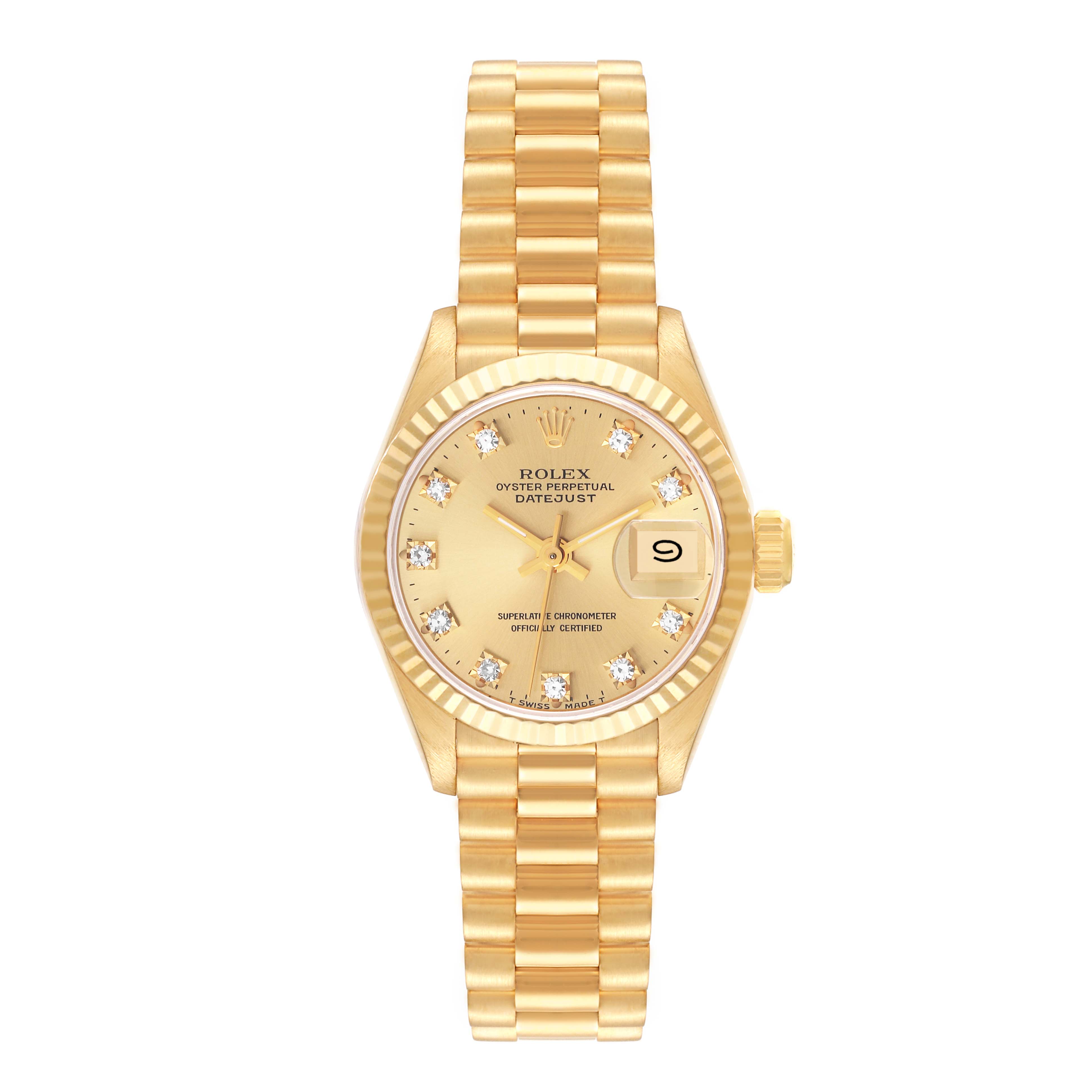 The image shows a frontal view of the Rolex President 69178 Women's Yellow Gold Champagne Dial 69178 Women's Yellow Gold Champagne Dial model watch, highlighting its dial, bezel, crown, and bracelet.