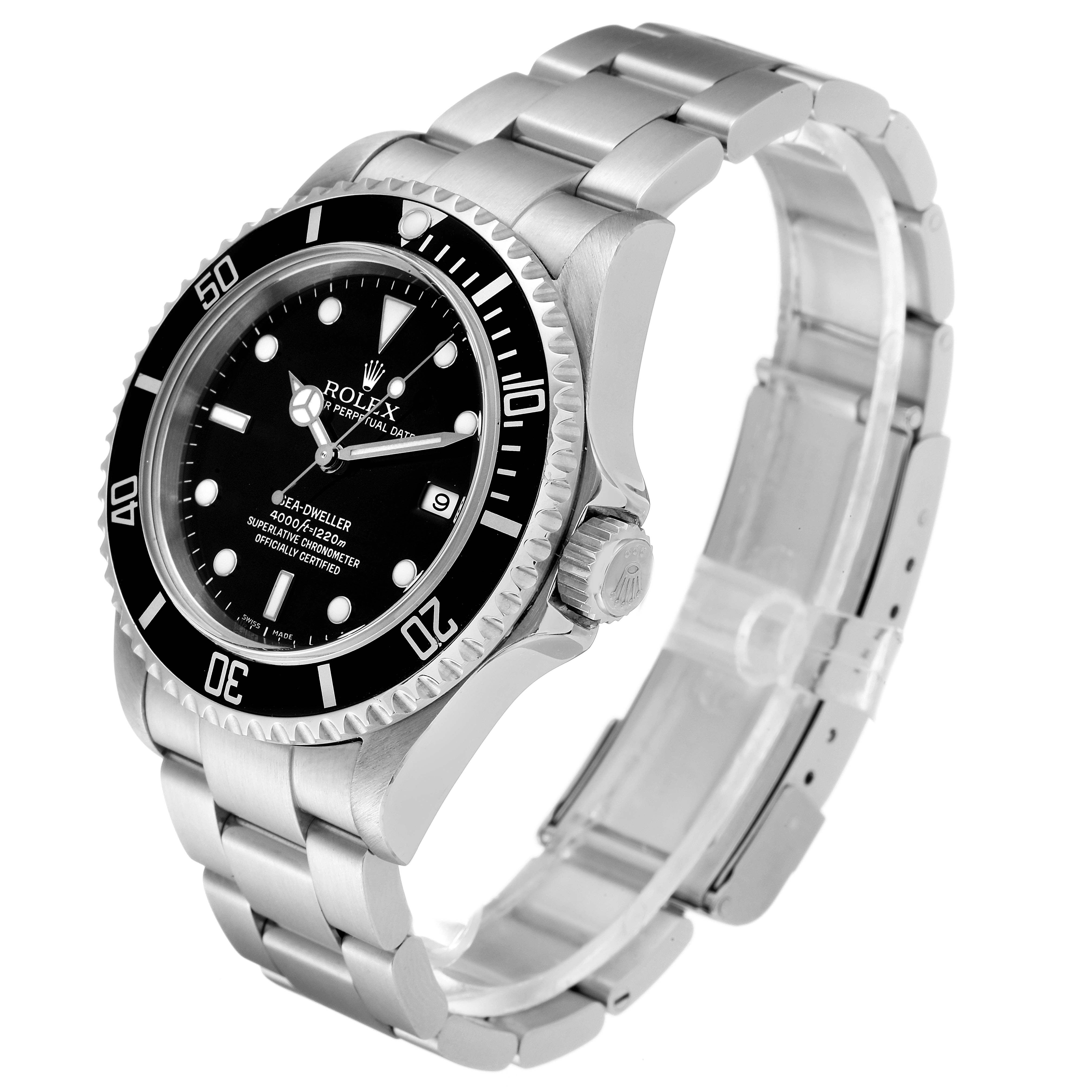 The image shows a side angle of the Rolex Sea-Dweller 16600 Men
s Stainless Steel Black Dial 16600 Men
s Stainless Steel Black Dial watch, highlighting the dial, bezel, crown, and bracelet.