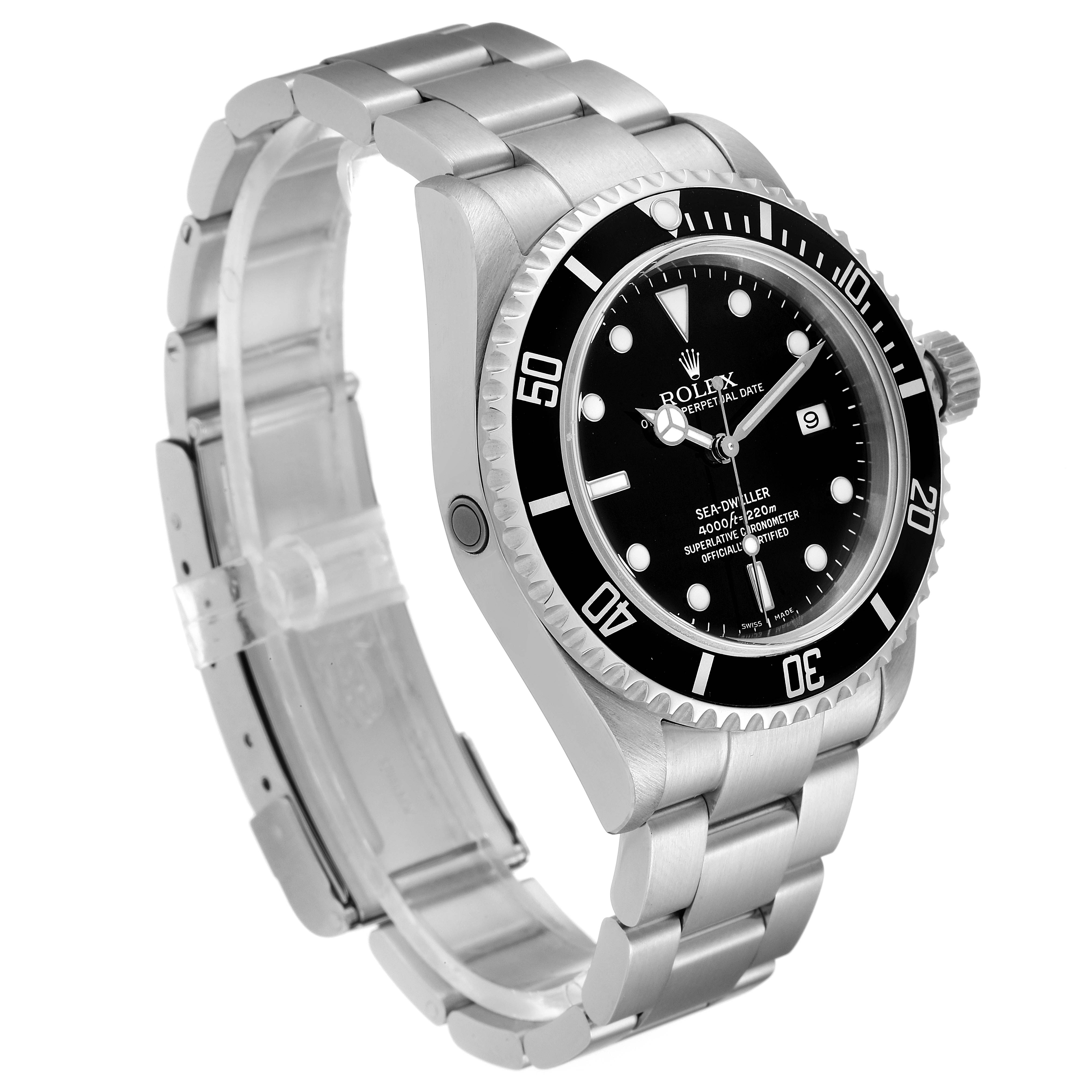 The image shows a Rolex Sea-Dweller 16600 Men
s Stainless Steel Black Dial 16600 Men
s Stainless Steel Black Dial watch from a 3/4 angle, highlighting the bezel, dial, case, and bracelet.