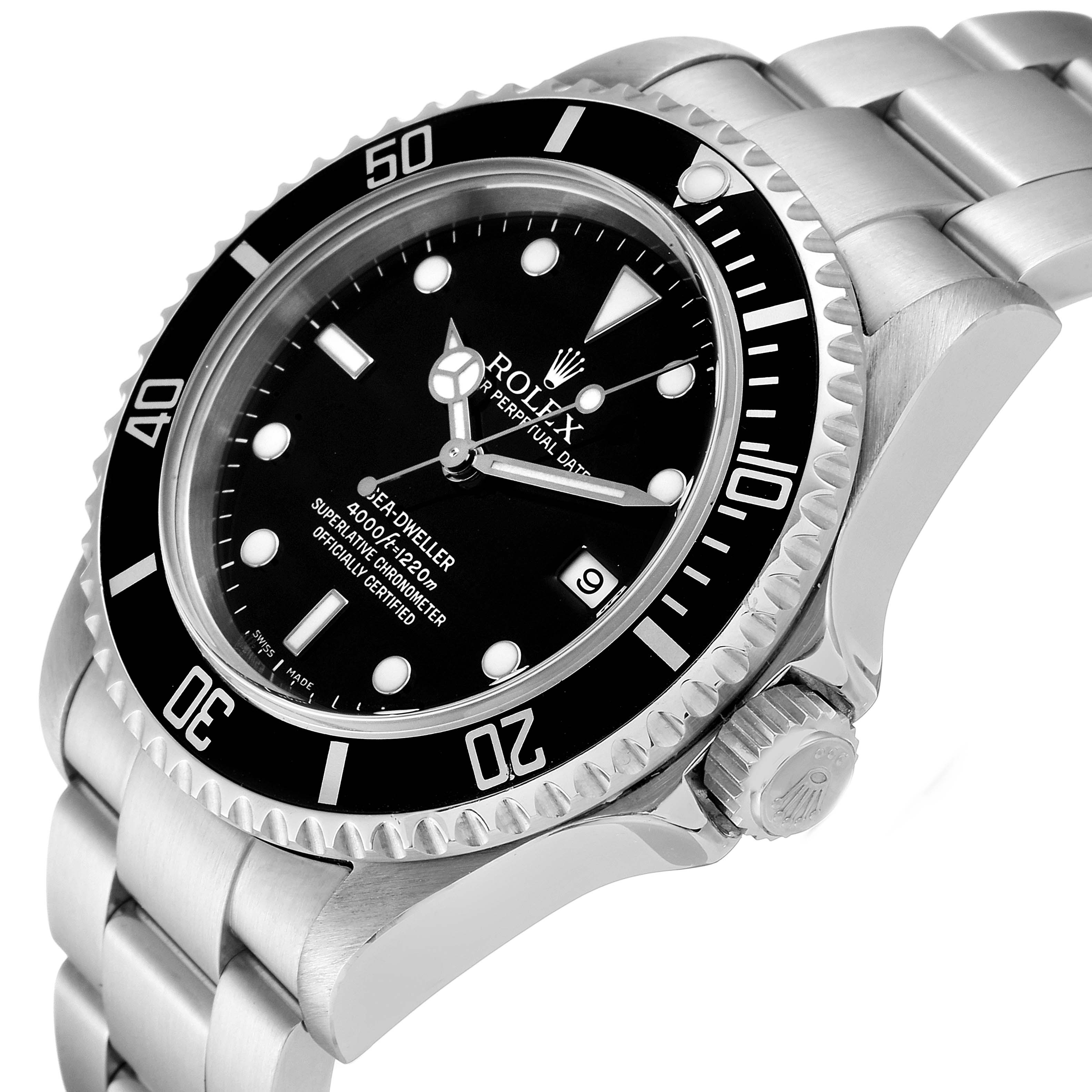 This image shows a Rolex Sea-Dweller 16600 Men
s Stainless Steel Black Dial 16600 Men
s Stainless Steel Black Dial watch at a 3/4 angle, highlighting its bezel, dial, and bracelet.