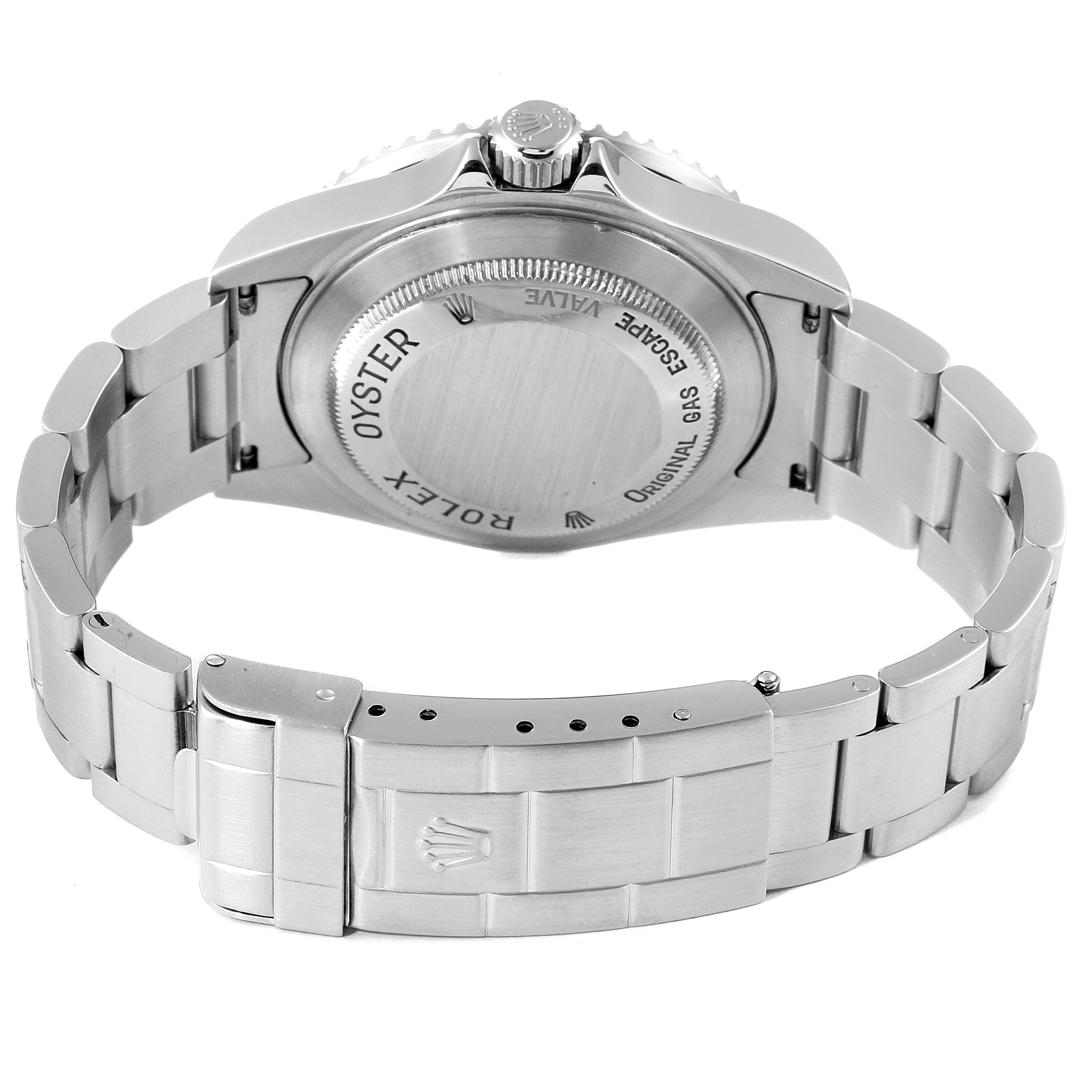 This is a rear view of the Rolex Sea-Dweller 16600 Men
s Stainless Steel Black Dial 16600 Men
s Stainless Steel Black Dial watch, showing the case back, crown, and bracelet.