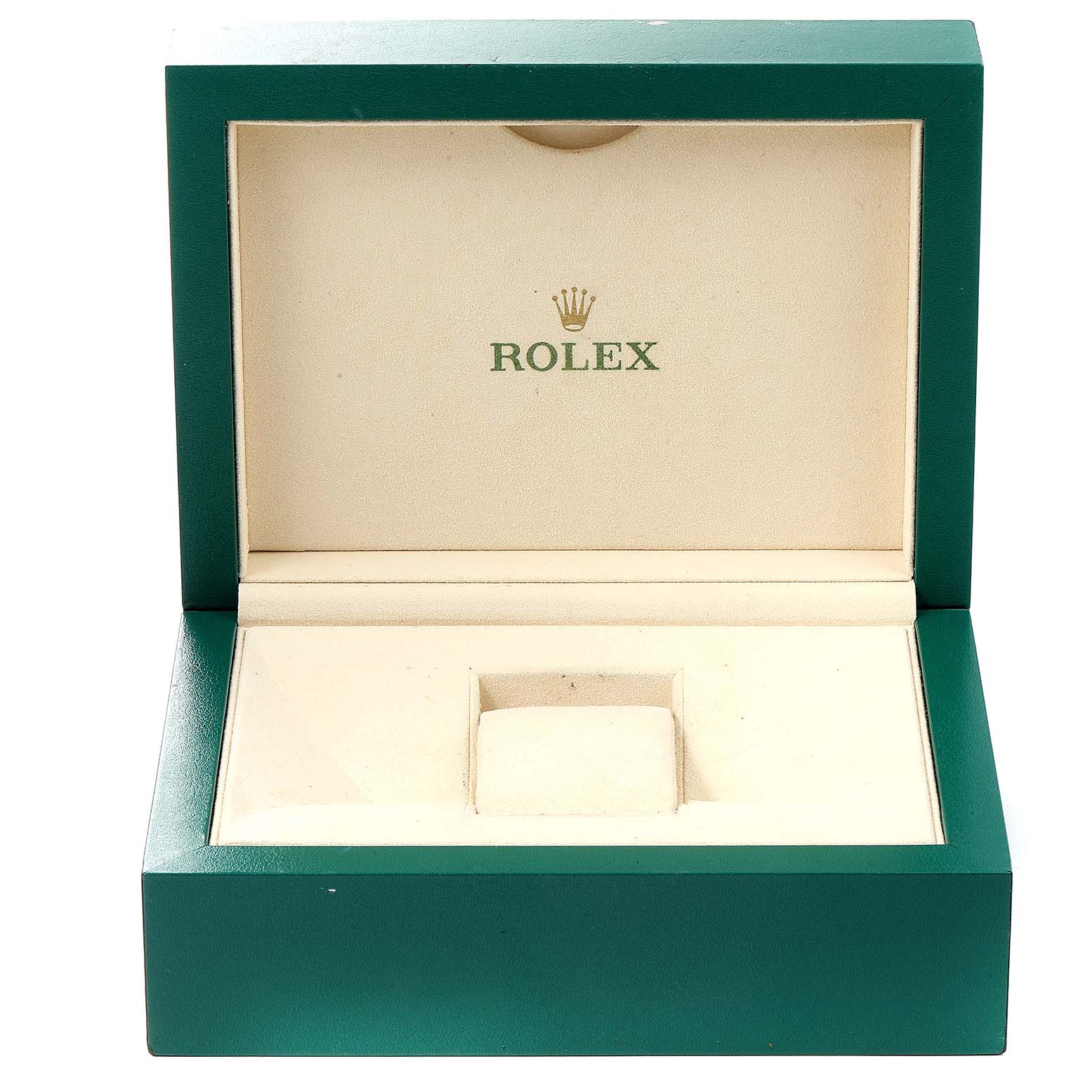 The image shows an empty, open Rolex green box, likely for the Sea-Dweller model watch.