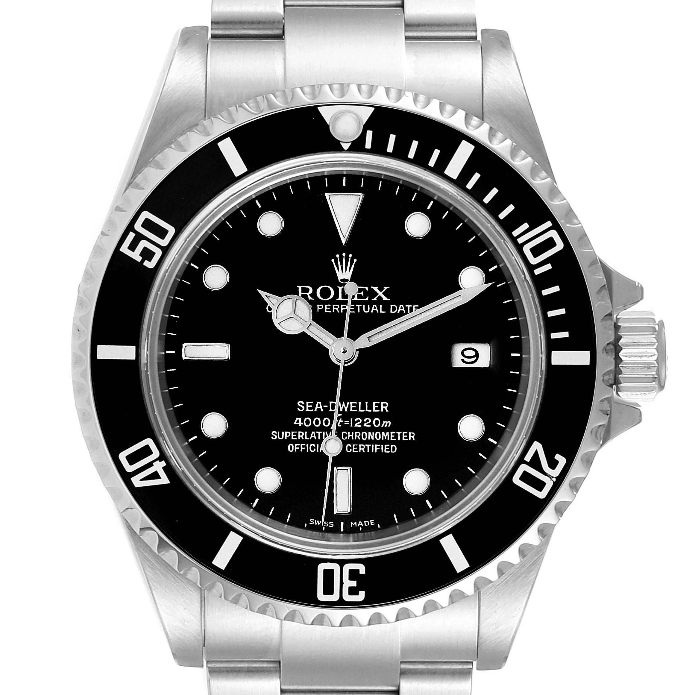 Front view of the Rolex Sea-Dweller 16600 Men
s Stainless Steel Black Dial 16600 Men
s Stainless Steel Black Dial, showing the dial, bezel, hands, date window, and part of the bracelet.