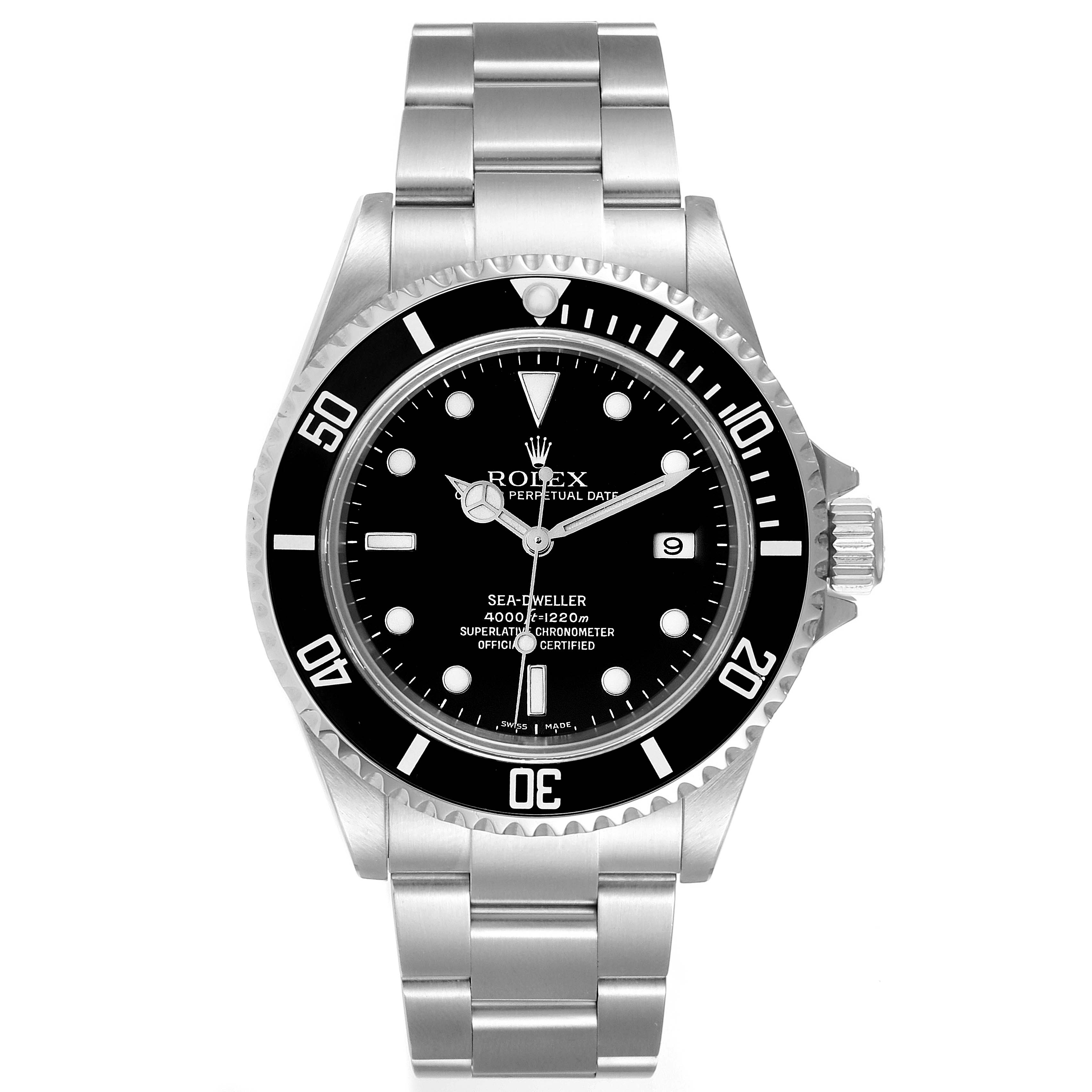 The image shows a Rolex Sea-Dweller 16600 Men
s Stainless Steel Black Dial 16600 Men
s Stainless Steel Black Dial watch from the front, highlighting its black dial, bezel, and stainless steel bracelet.