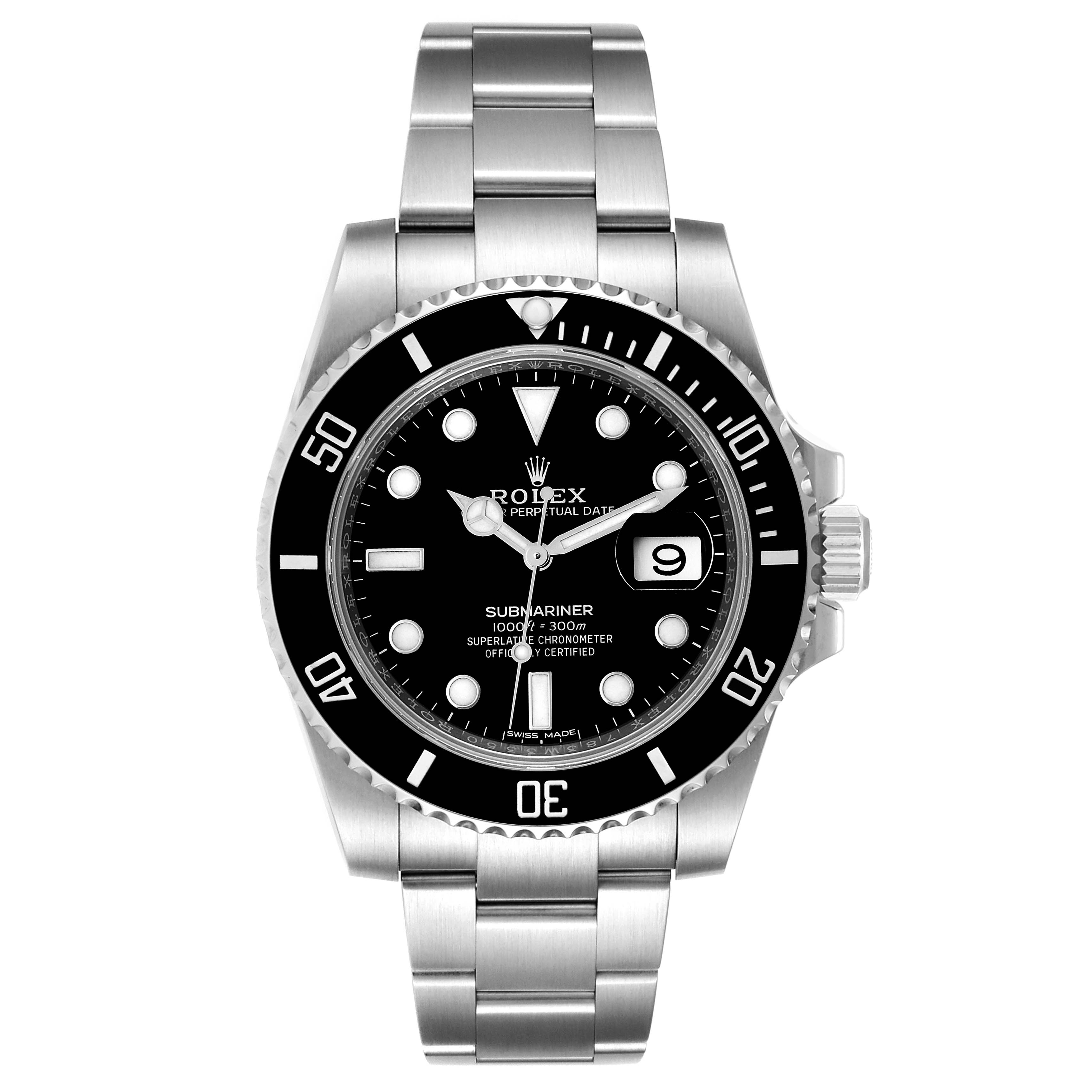 The image shows a front view of a Rolex Submariner 116610 Men
s Stainless Steel Black Dial 116610 Men
s Stainless Steel Black Dial watch, displaying its bracelet, dial, bezel, and crown.