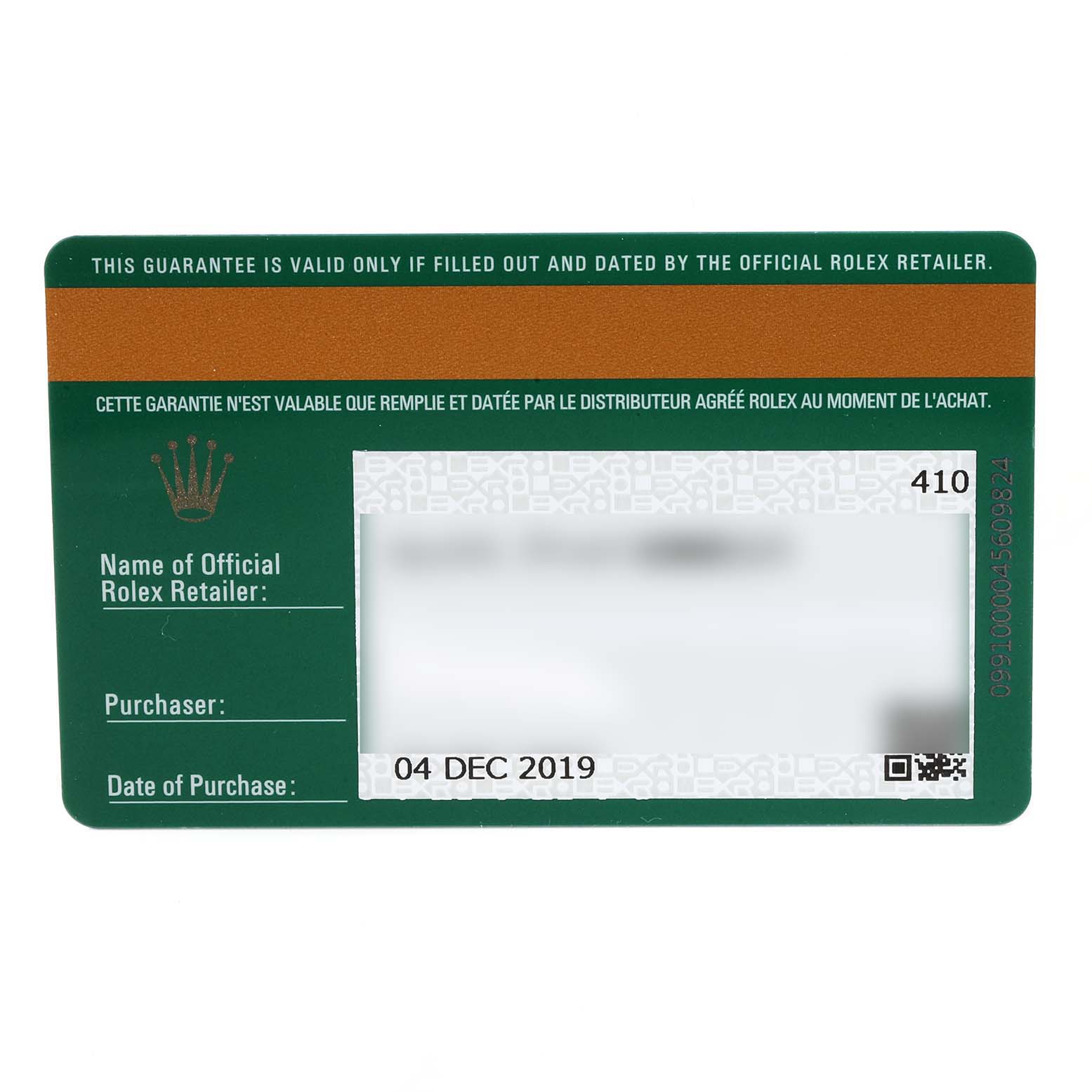 The image shows the warranty card for a Rolex Submariner 116610 Men
s Stainless Steel Black Dial 116610 Men
s Stainless Steel Black Dial, featuring the purchase date and retailer information.