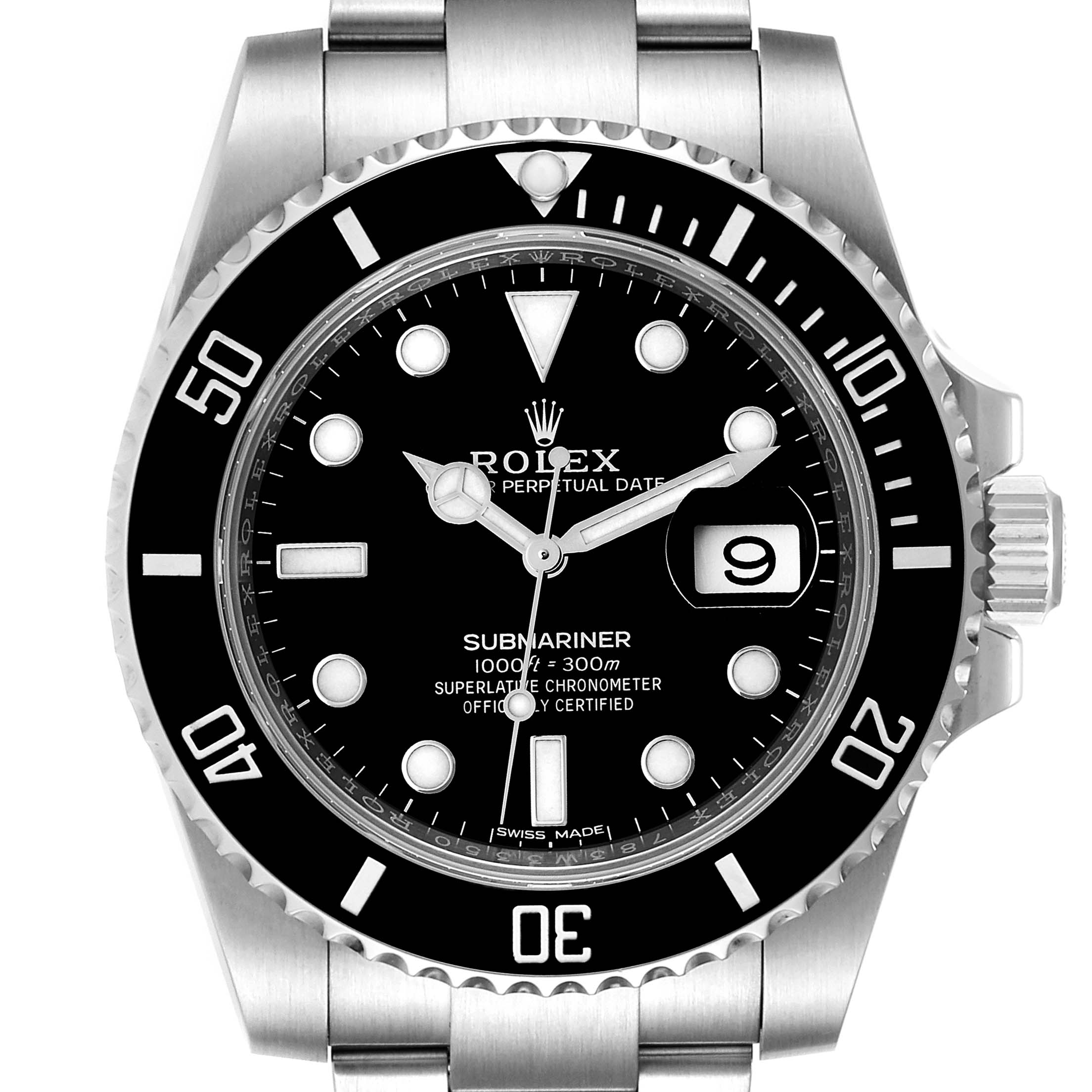 The image shows a front view of the Rolex Submariner 116610 Men
s Stainless Steel Black Dial 116610 Men
s Stainless Steel Black Dial watch, displaying its dial, bezel, and part of the bracelet.