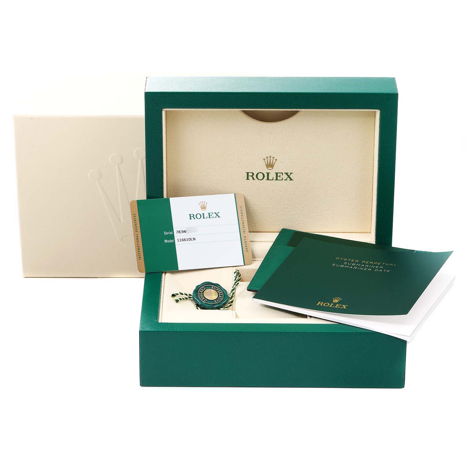 The image shows an opened Rolex Submariner 116610 Men
s Stainless Steel Black Dial 116610 Men
s Stainless Steel Black Dial box with a warranty card, manual, and tags included.