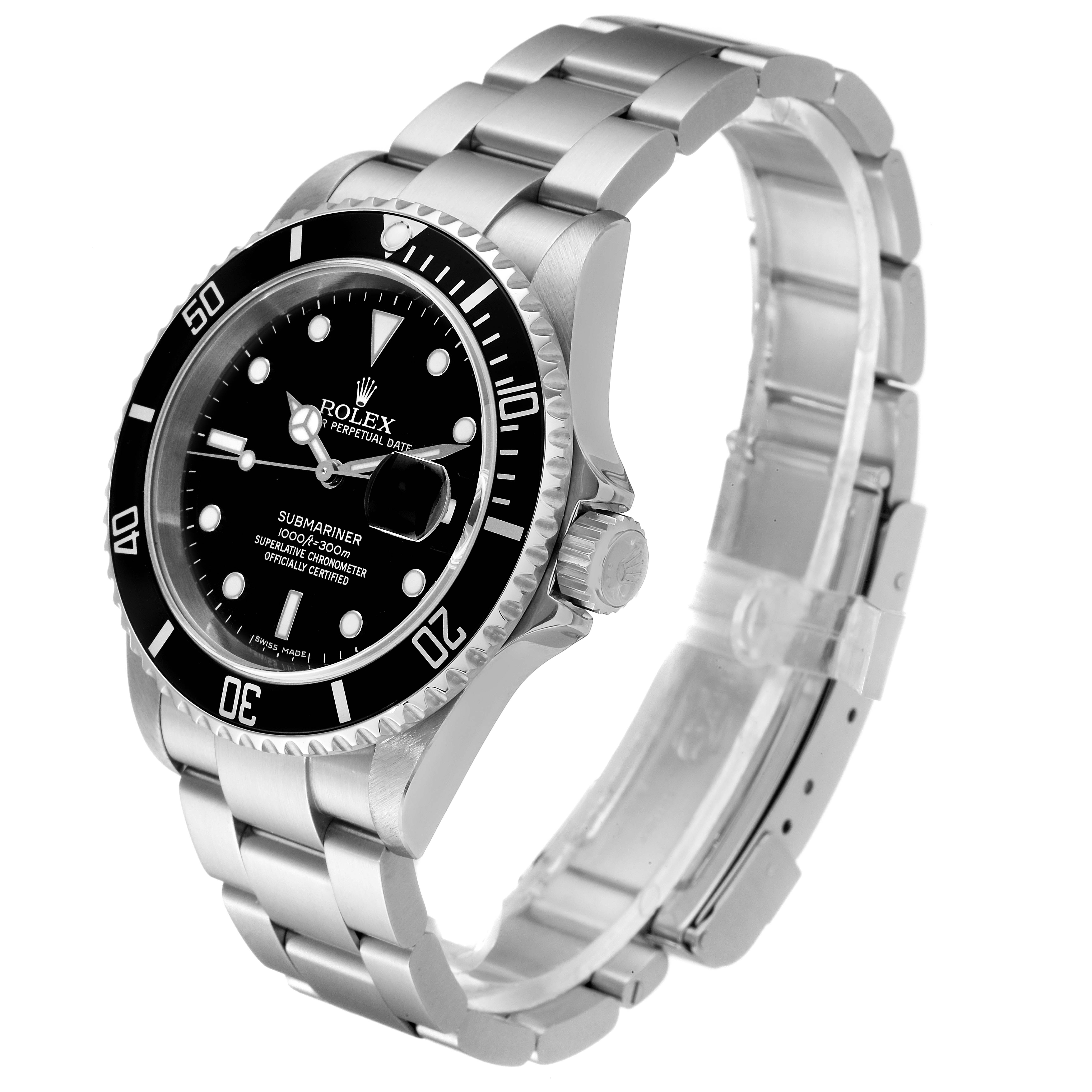The Rolex Submariner 16610 Men
s Stainless Steel Black Dial 16610 Men
s Stainless Steel Black Dial watch is shown at a slight angle displaying the black dial, bezel, crown, and stainless steel bracelet.