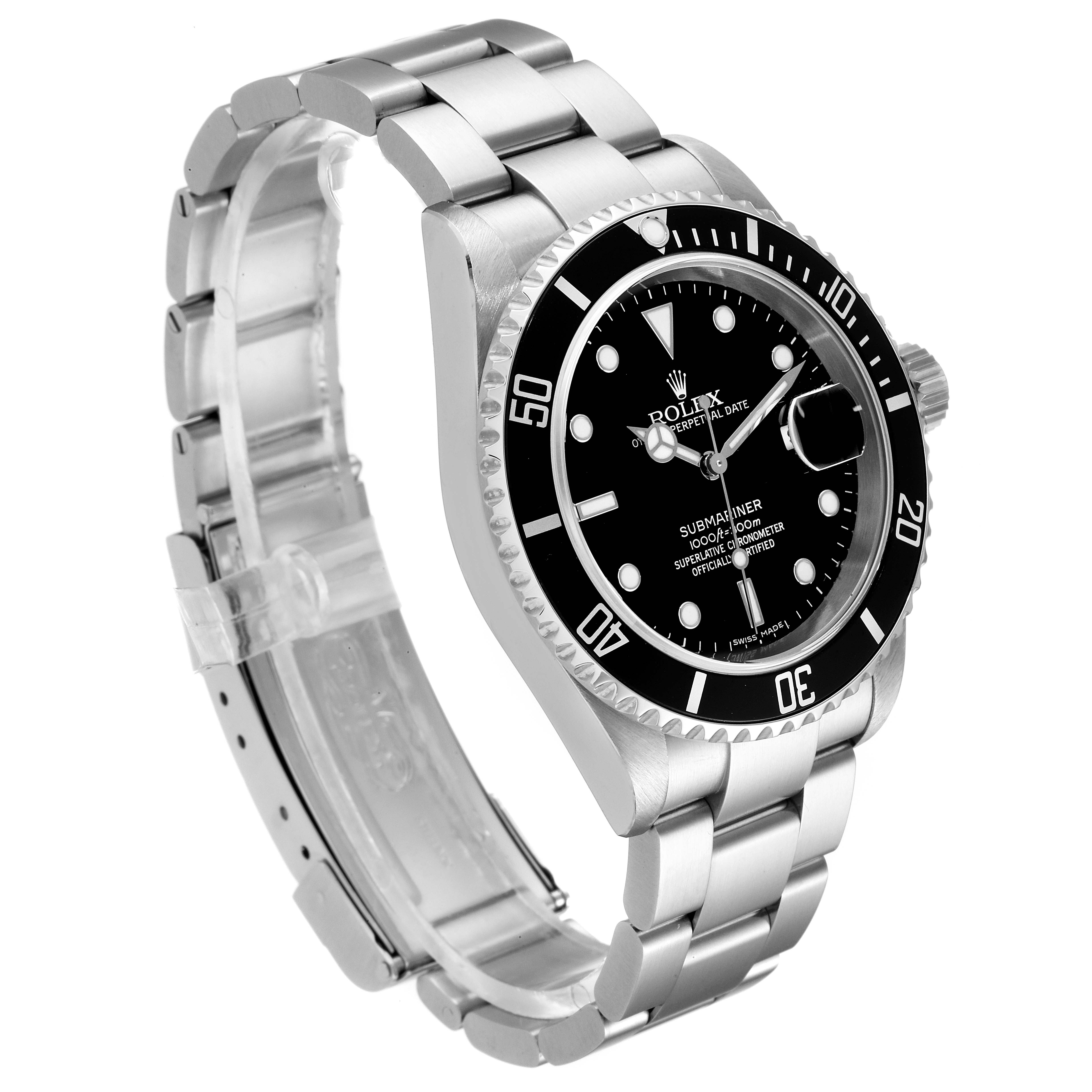 The Rolex Submariner 16610 Men
s Stainless Steel Black Dial 16610 Men
s Stainless Steel Black Dial watch is shown at a slight angle, highlighting the face, bezel, and bracelet.