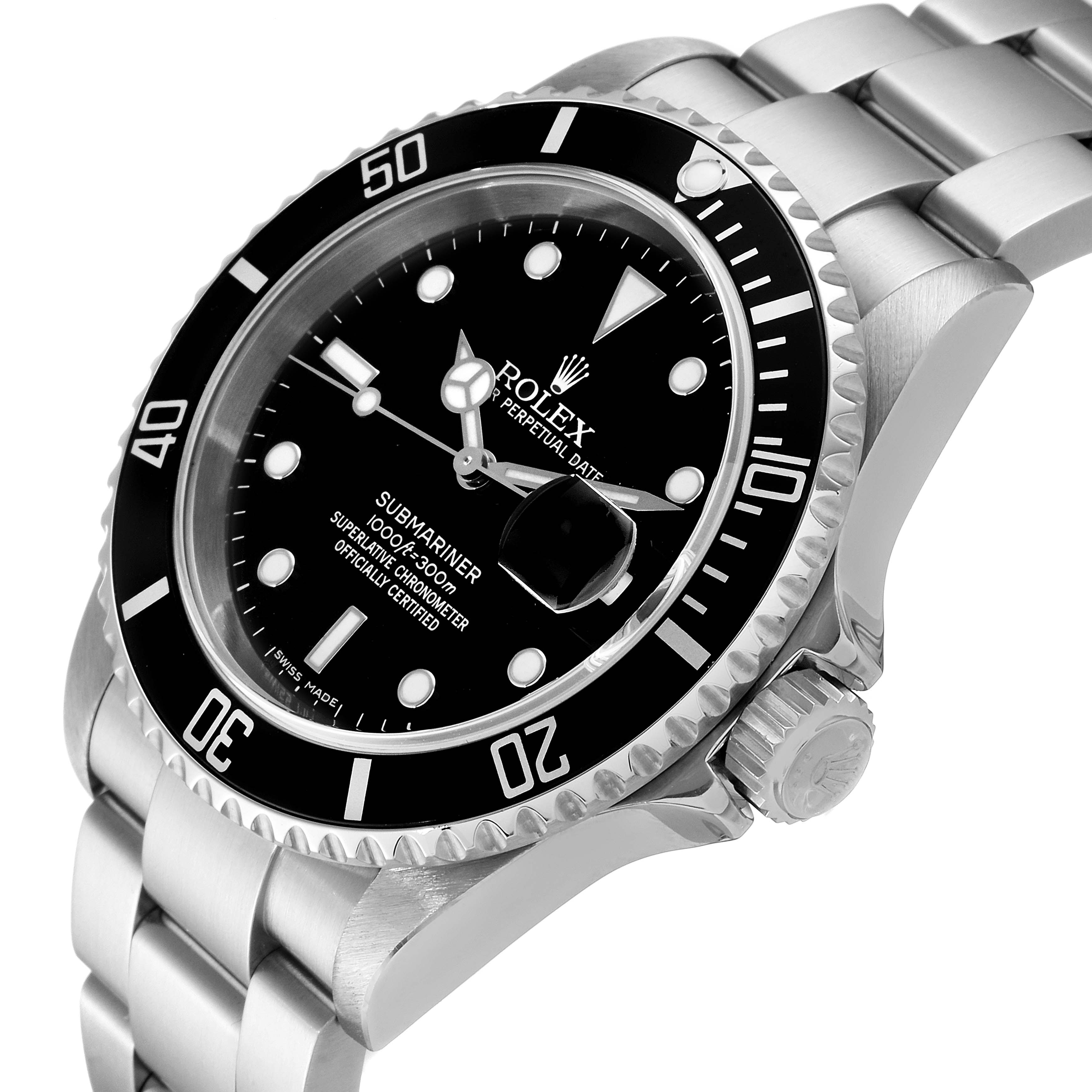 The image shows a side angle of a Rolex Submariner 16610 Men
s Stainless Steel Black Dial 16610 Men
s Stainless Steel Black Dial, including its bezel, dial, and bracelet.
