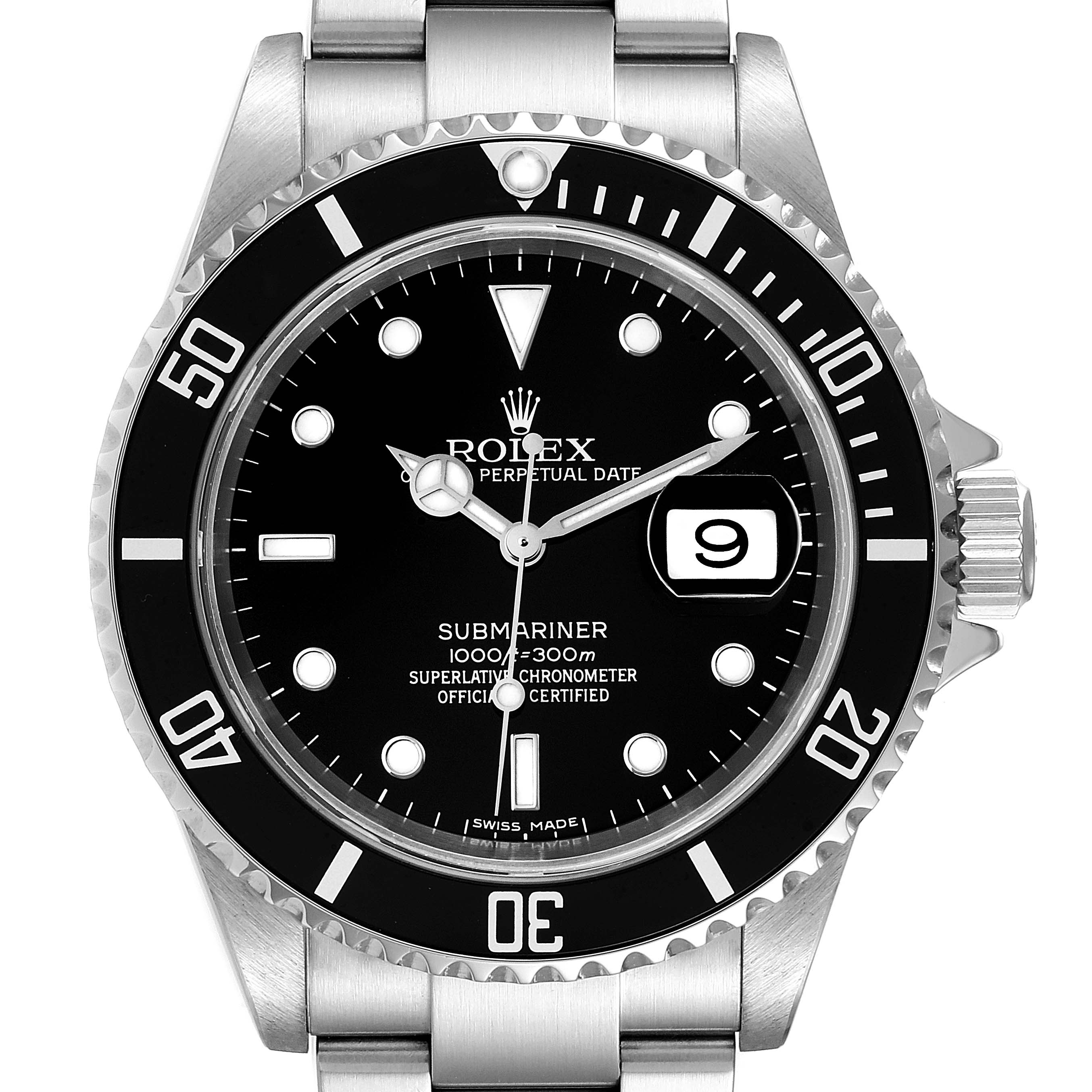 The image shows a front view of a Rolex Submariner 16610 Men
s Stainless Steel Black Dial 16610 Men
s Stainless Steel Black Dial watch, highlighting its bezel, dial, hands, date window, and part of the bracelet.
