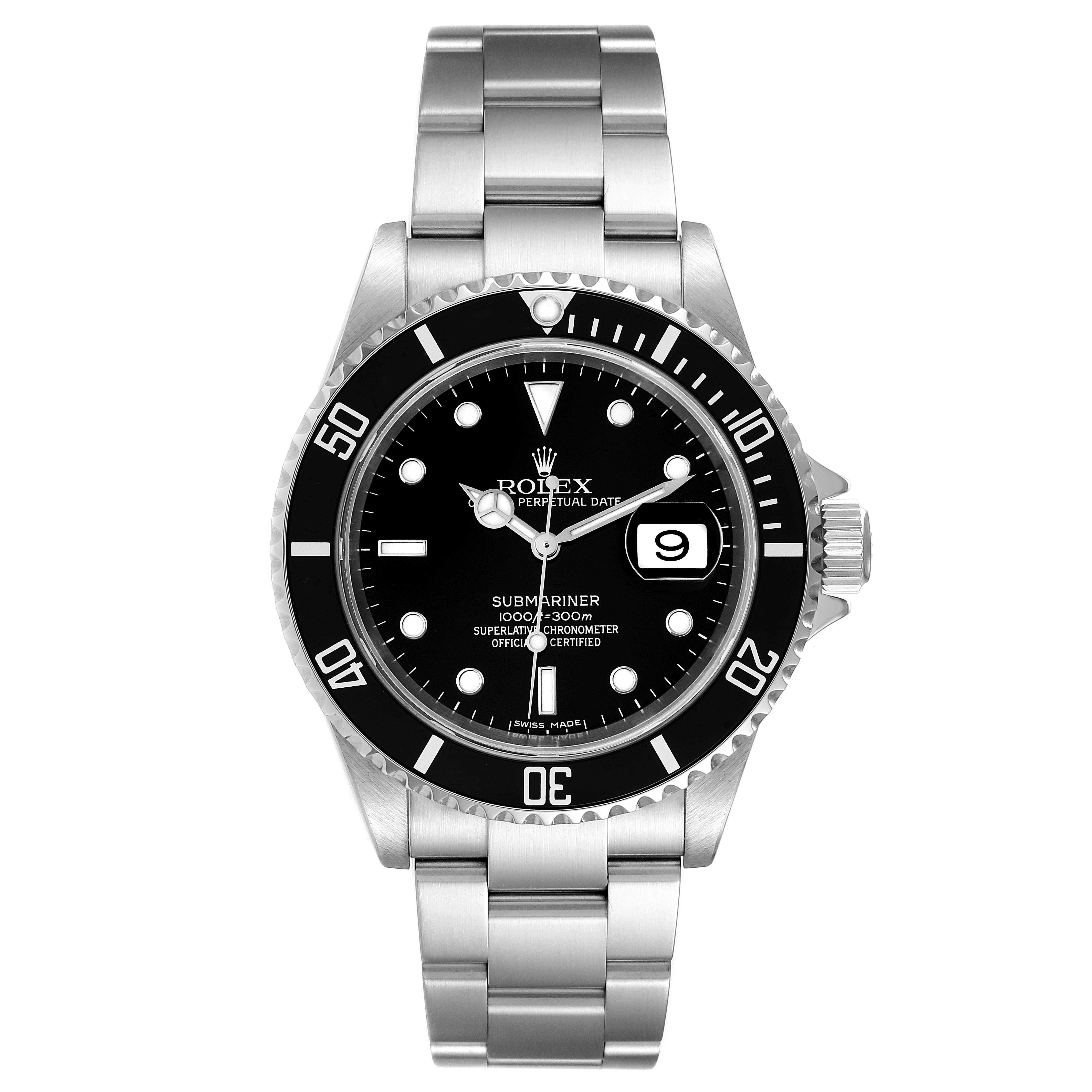 The Rolex Submariner 16610 Men
s Stainless Steel Black Dial 16610 Men
s Stainless Steel Black Dial watch is viewed straight-on, displaying the dial, bezel, crown, and bracelet.