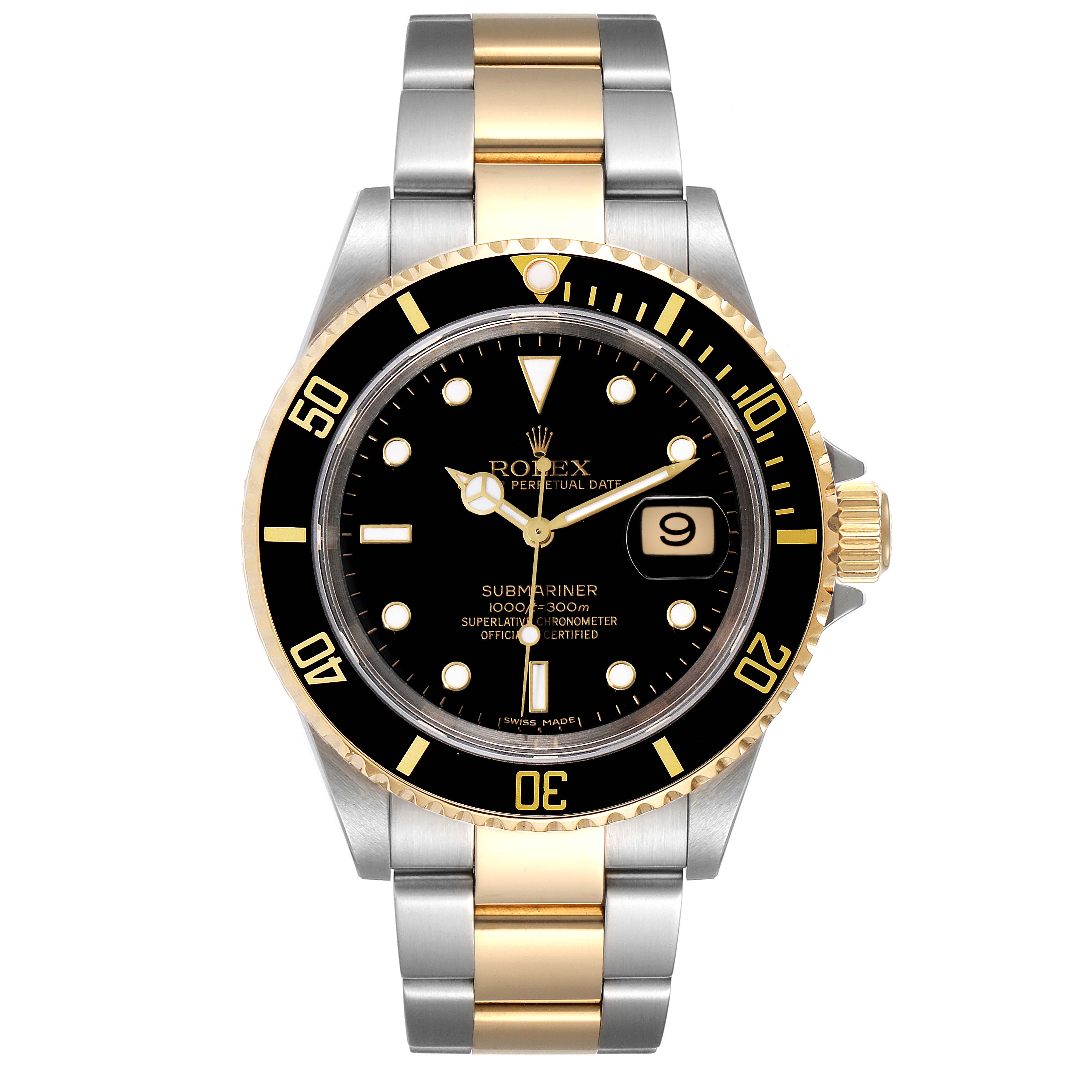 The Rolex Submariner 16613 Men's Steel and Gold (two tone) Black Dial 16613 Men's Steel and Gold (two tone) Black Dial watch is shown from the front, displaying the dial, bezel, hands, and two-tone bracelet.