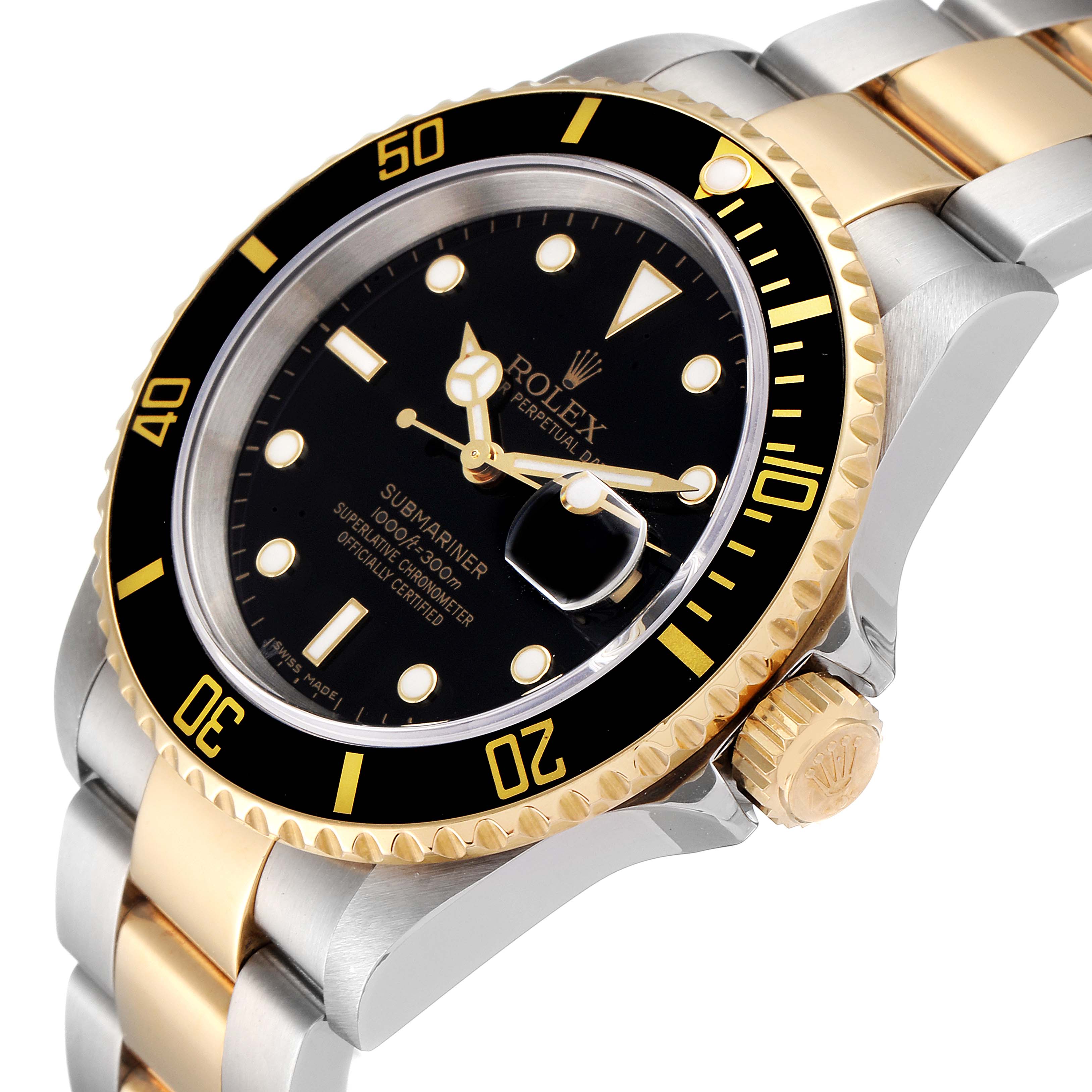 The image shows an angled view of a Rolex Submariner 16613 Men's Steel and Gold (two tone) Black Dial 16613 Men's Steel and Gold (two tone) Black Dial watch, displaying the bezel, dial, crown, and part of the bracelet.