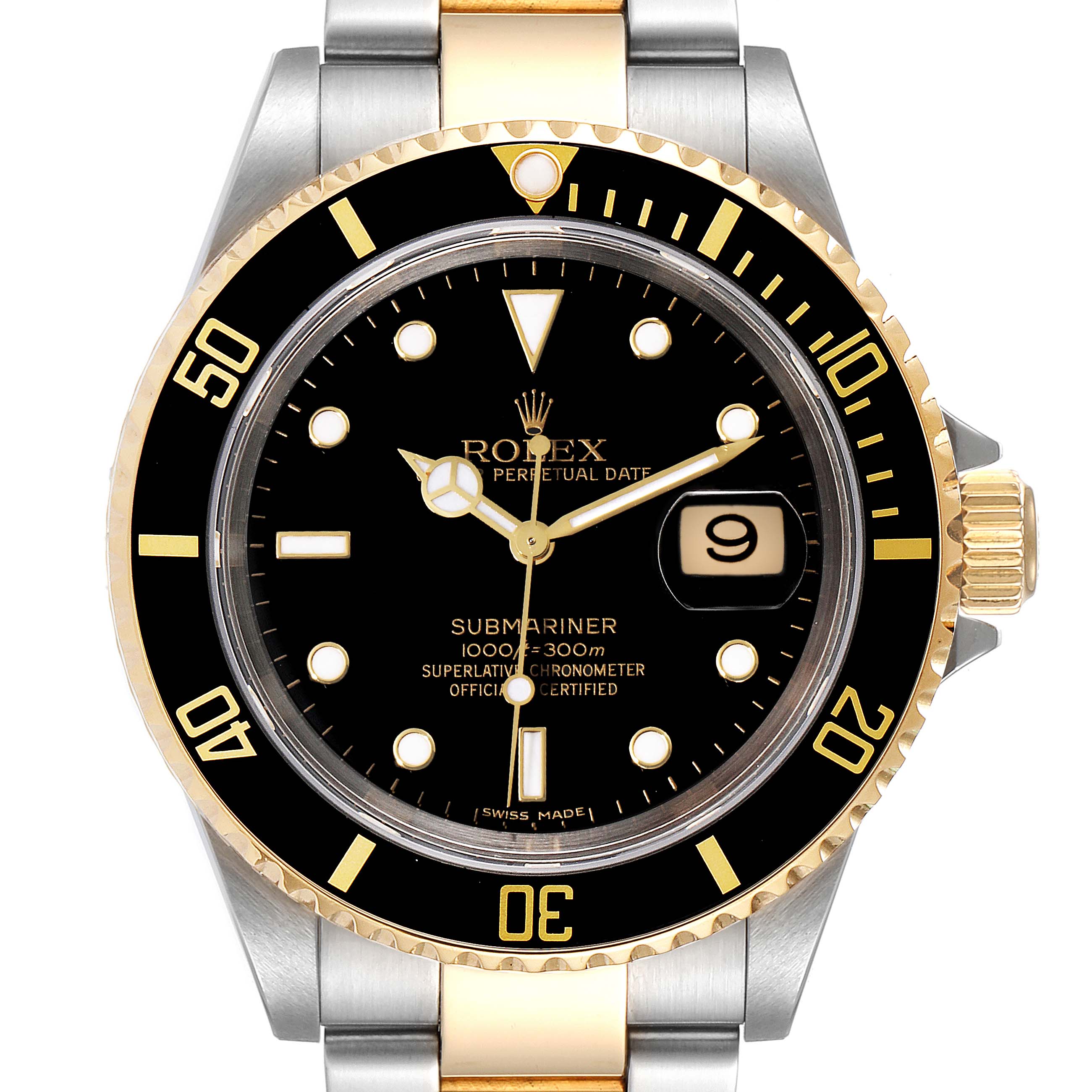 The image shows a front view of the Rolex Submariner 16613 Men's Steel and Gold (two tone) Black Dial 16613 Men's Steel and Gold (two tone) Black Dial watch, displaying the dial, bezel, and part of the bracelet.