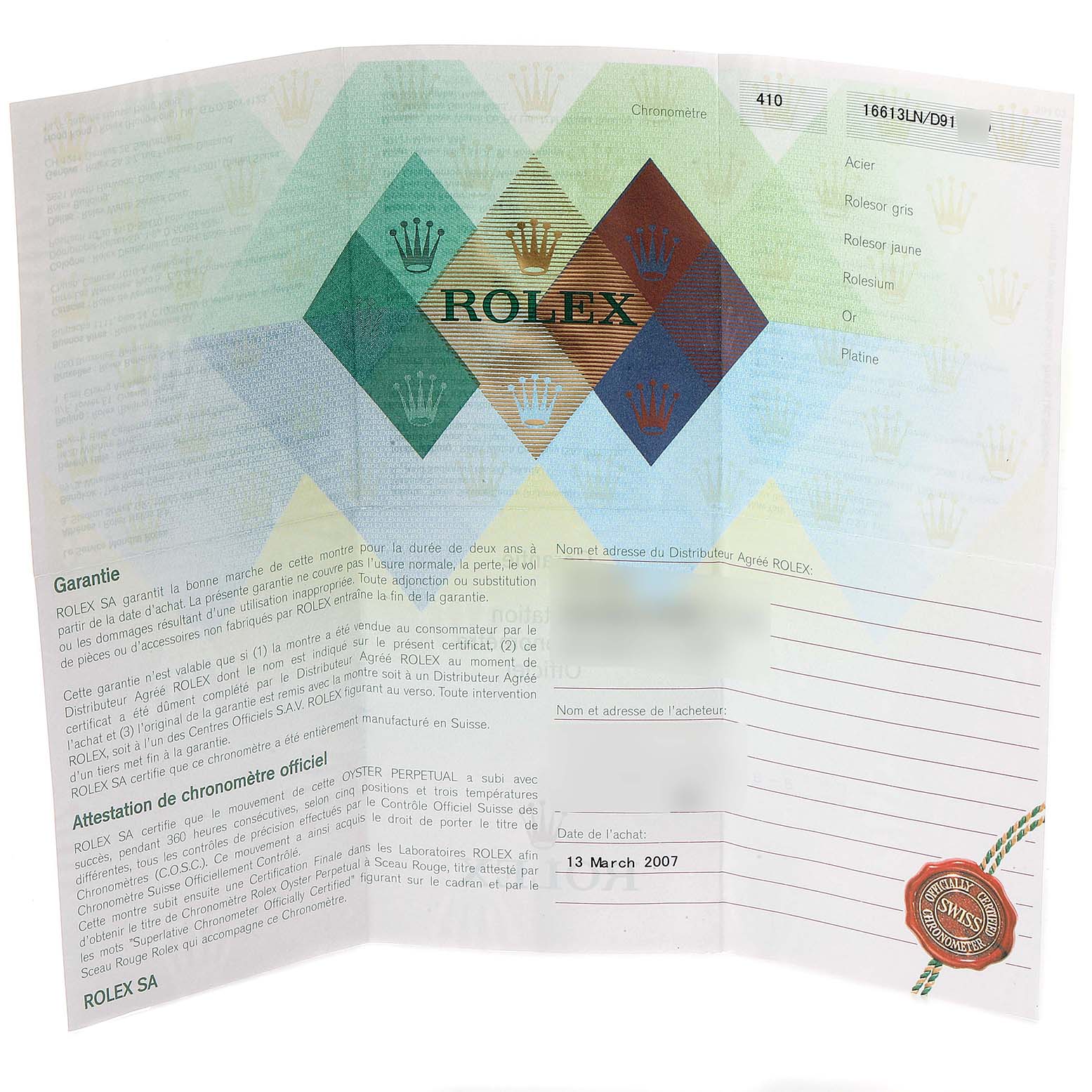 The image shows the warranty card for the Rolex Submariner 16613 Men's Steel and Gold (two tone) Black Dial 16613 Men's Steel and Gold (two tone) Black Dial watch, featuring official details, dates, and the Rolex logo.