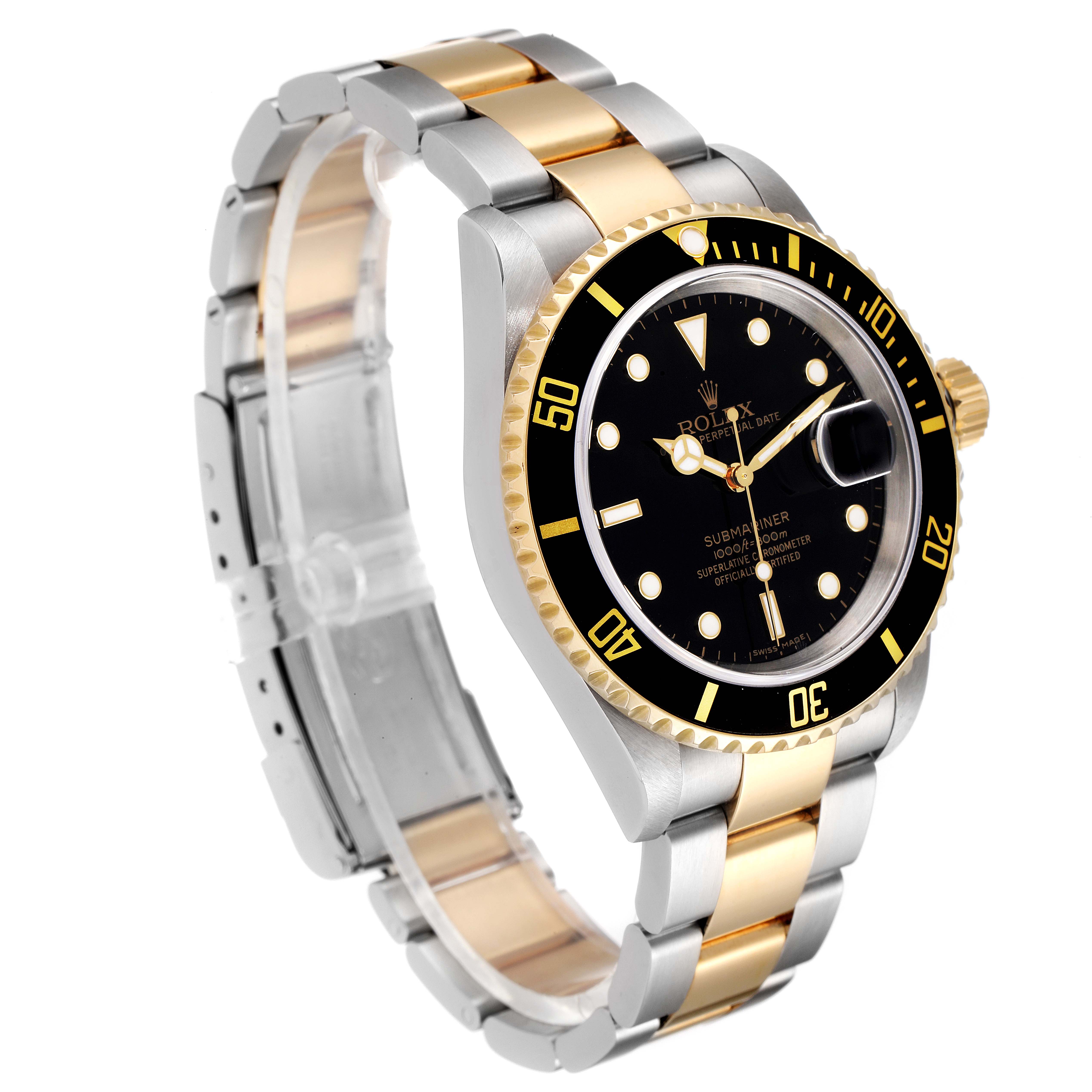 The Rolex Submariner 16613 Men's Steel and Gold (two tone) Black Dial 16613 Men's Steel and Gold (two tone) Black Dial watch is shown at a slight angle, highlighting its black face, gold and silver band, and rotating bezel.