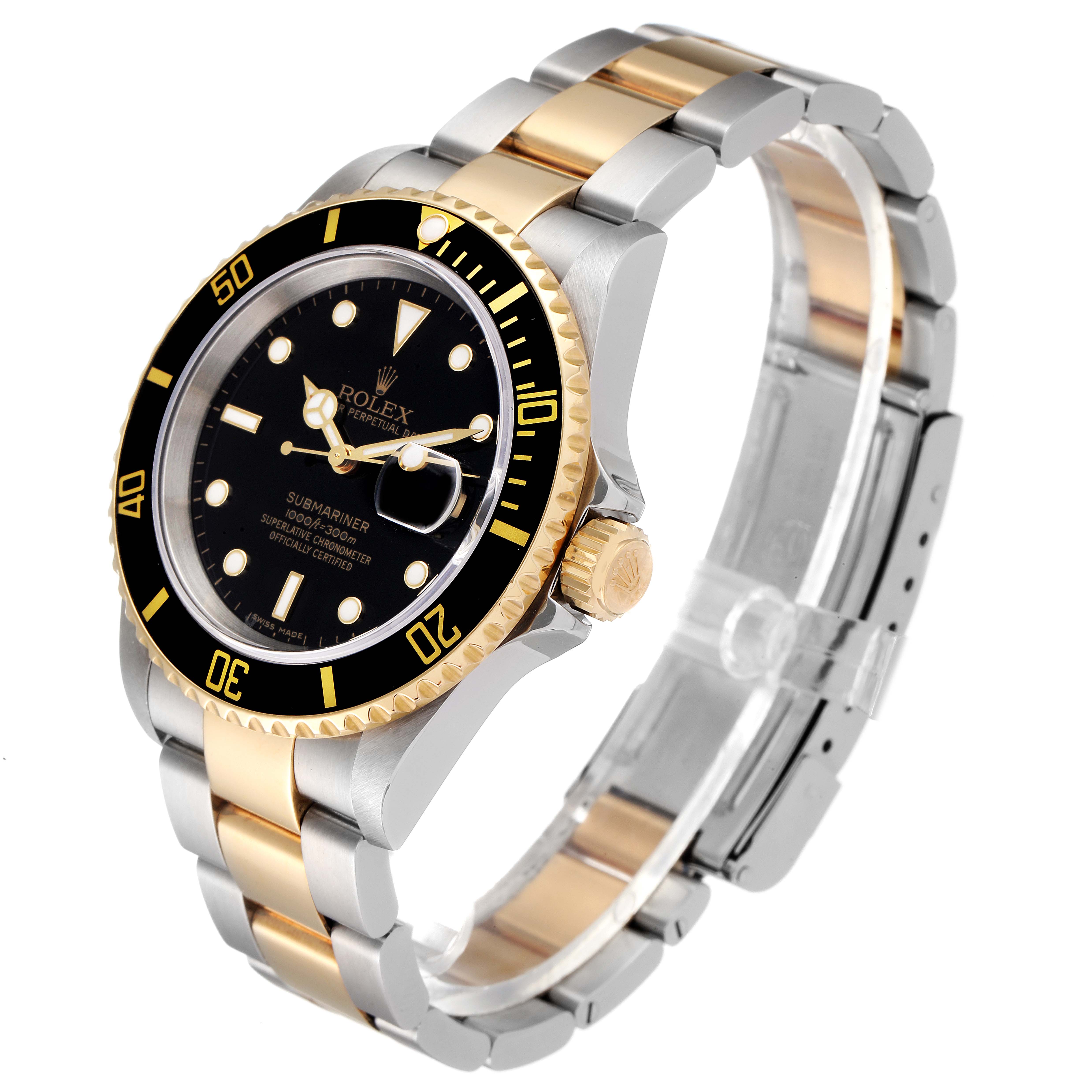 The image shows a Rolex Submariner 16613 Men's Steel and Gold (two tone) Black Dial 16613 Men's Steel and Gold (two tone) Black Dial watch at an angle highlighting its black dial, bezel, and two-tone gold and stainless steel bracelet.