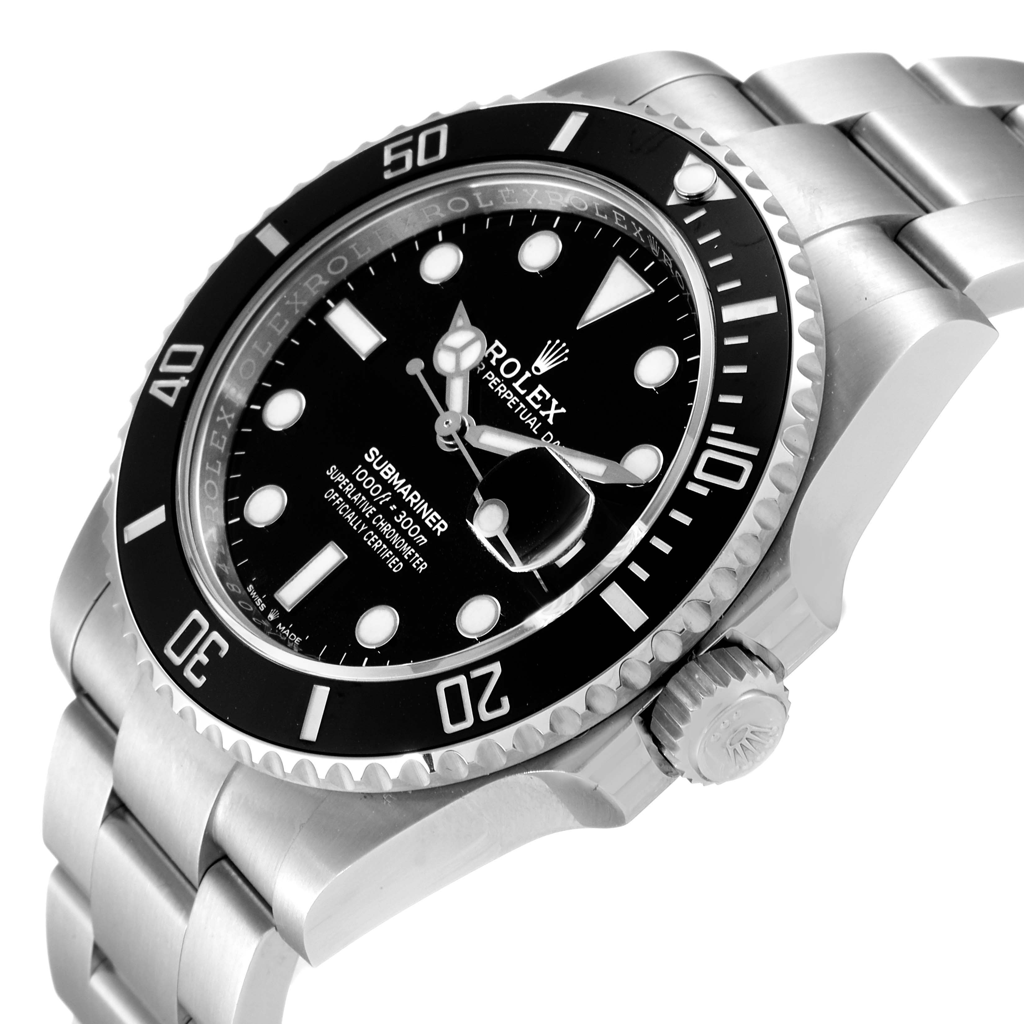 This image shows the Rolex Submariner 126610 Men
s Stainless Steel Black Dial 126610 Men
s Stainless Steel Black Dial watch at an angled close-up, highlighting its dial, bezel, and part of the stainless steel bracelet.