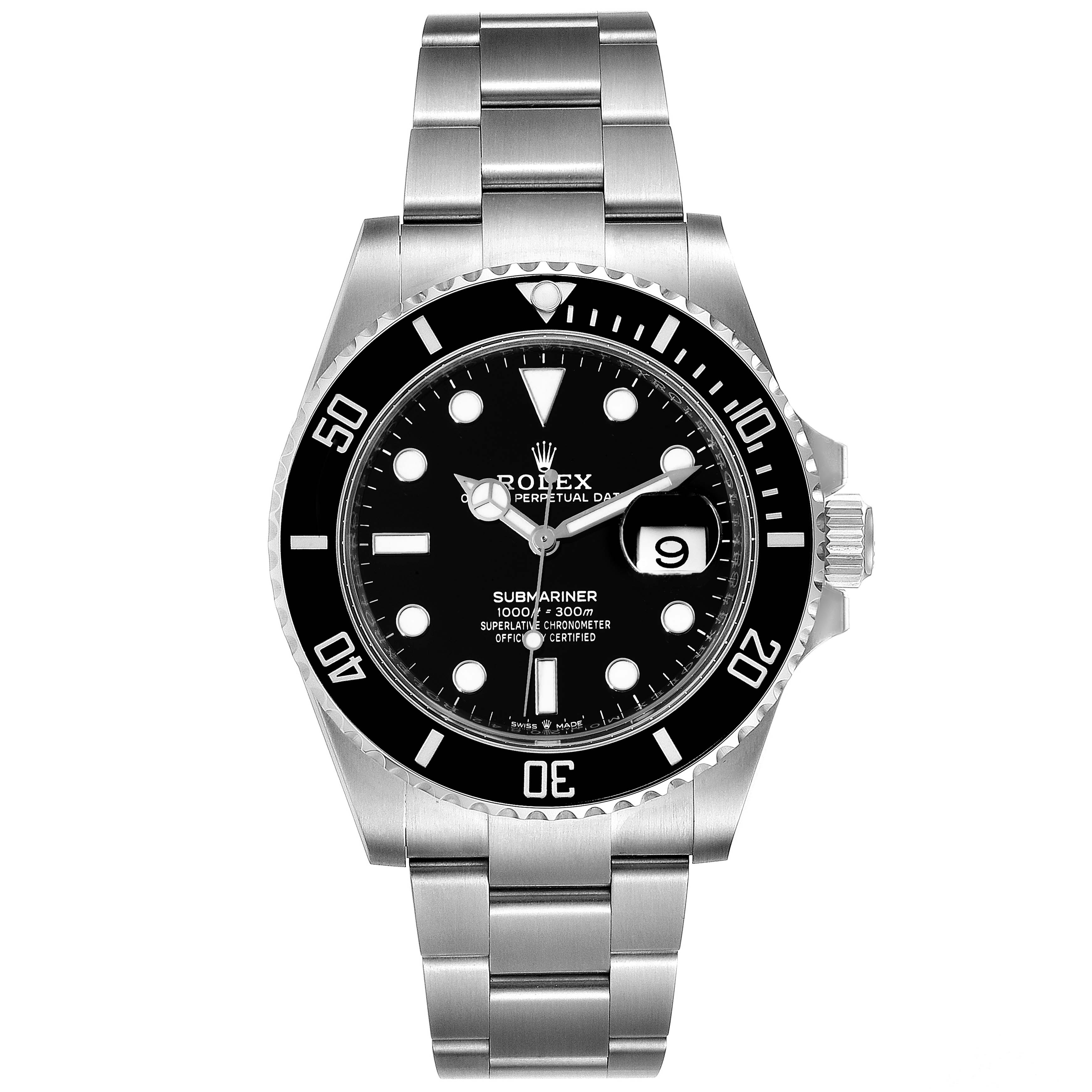 The image shows a front view of a Rolex Submariner 126610 Men
s Stainless Steel Black Dial 126610 Men
s Stainless Steel Black Dial watch displaying the dial, bezel, and bracelet.