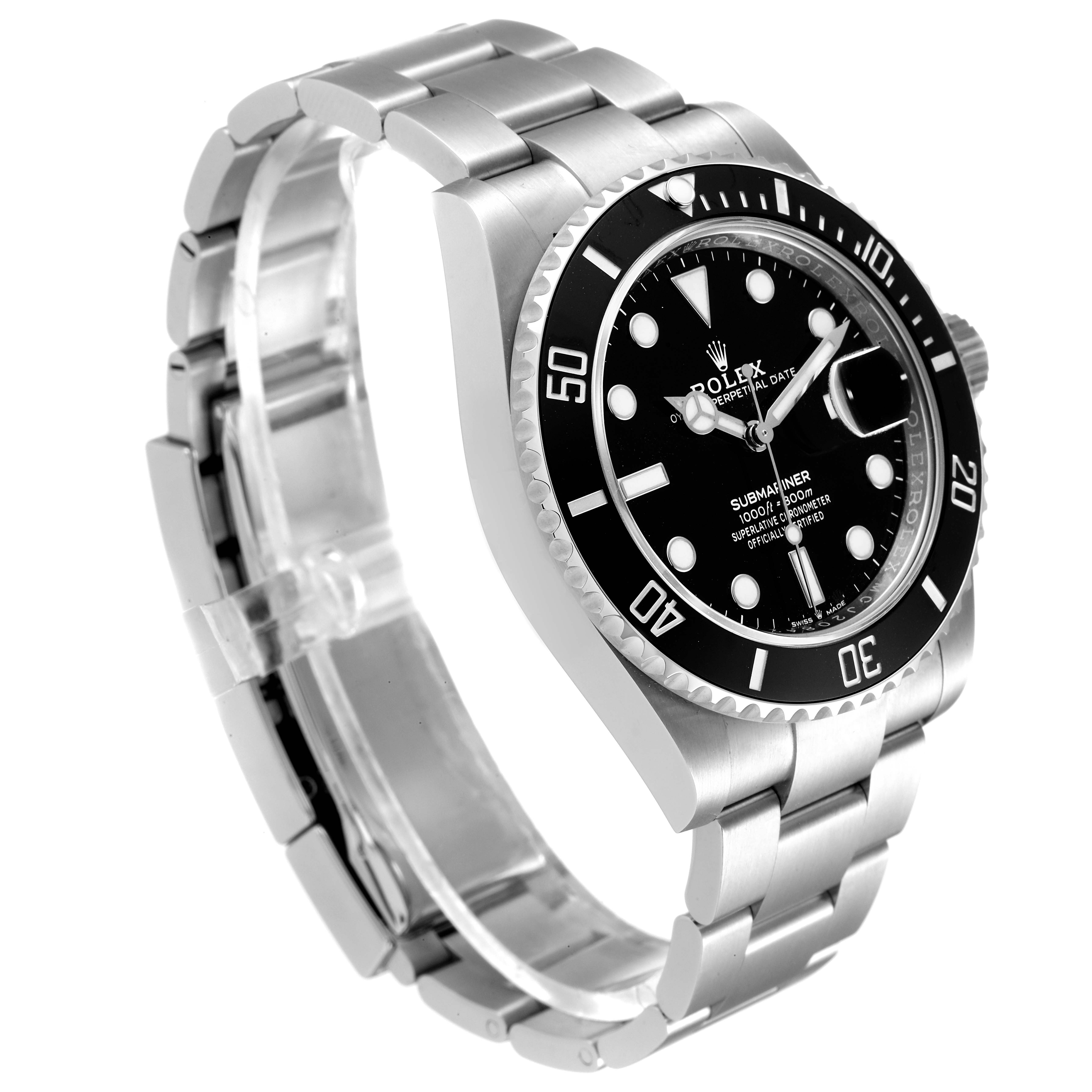 The image shows a side and front view of a Rolex Submariner 126610 Men
s Stainless Steel Black Dial 126610 Men
s Stainless Steel Black Dial watch, highlighting its bezel, dial, and bracelet.