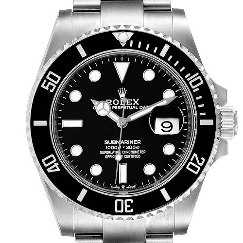 This image shows a frontal view of a Rolex Submariner watch, highlighting the dial, bezel, crown, and part of the bracelet.