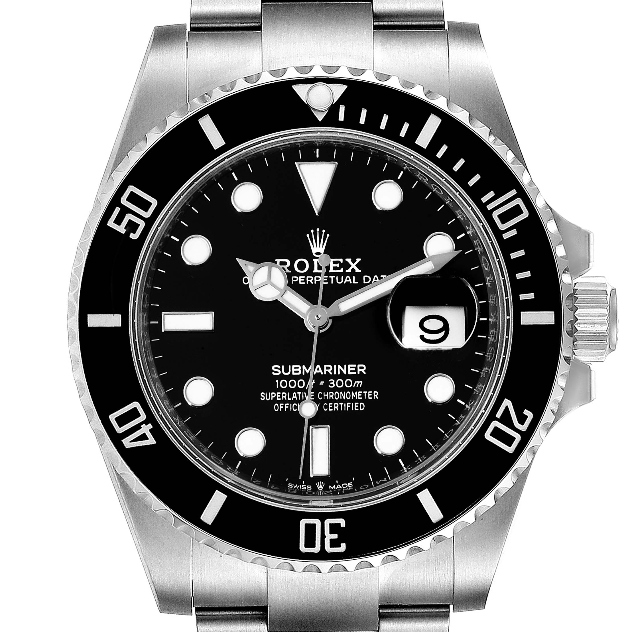 The image shows a front view of a Rolex Submariner 126610 Men
s Stainless Steel Black Dial 126610 Men
s Stainless Steel Black Dial watch, highlighting the dial, bezel, and bracelet.