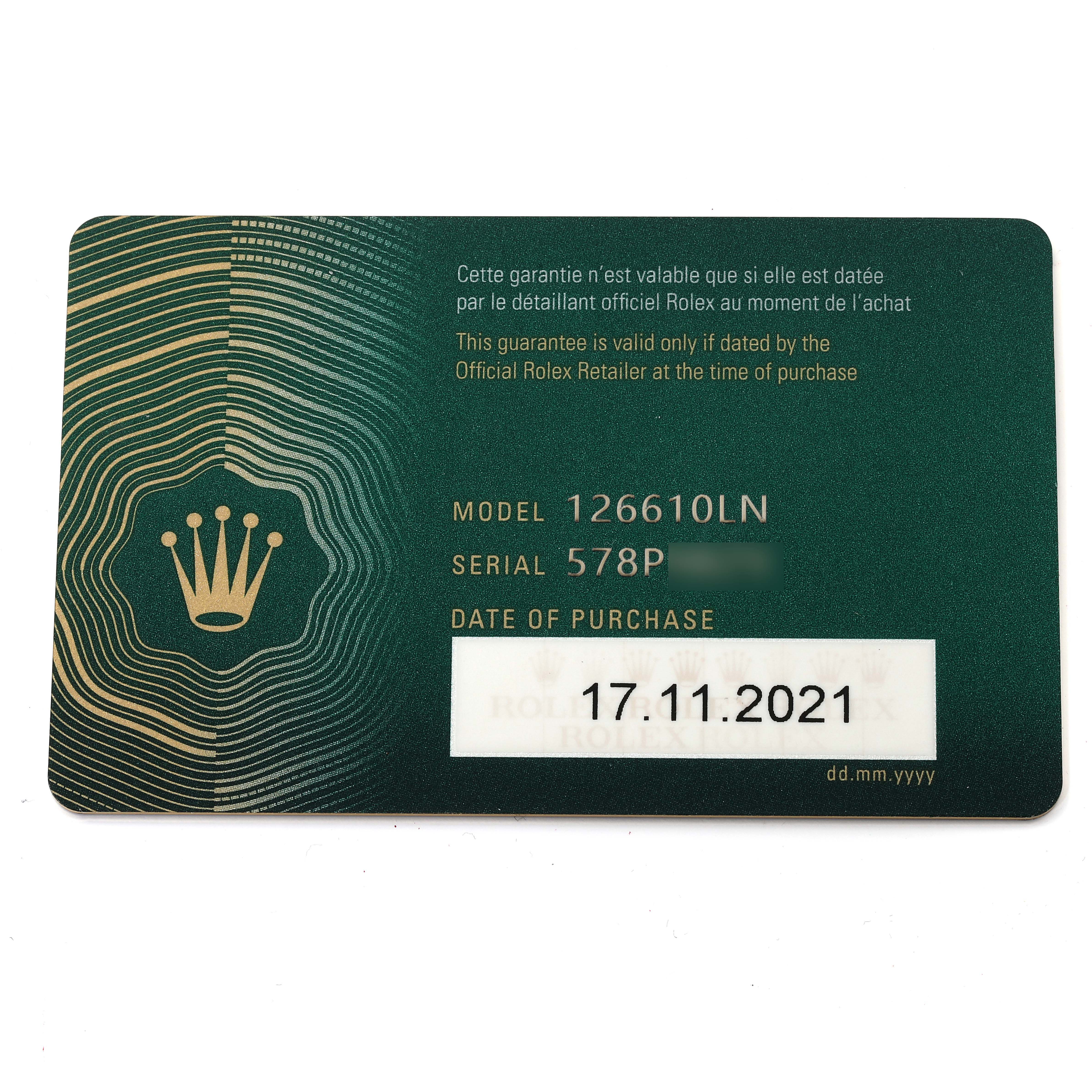 This is a warranty card for the Rolex Submariner 126610 Men's Stainless Steel Black Dial 126610 Men's Stainless Steel Black Dial model 126610LN, showing the serial number and date of purchase.