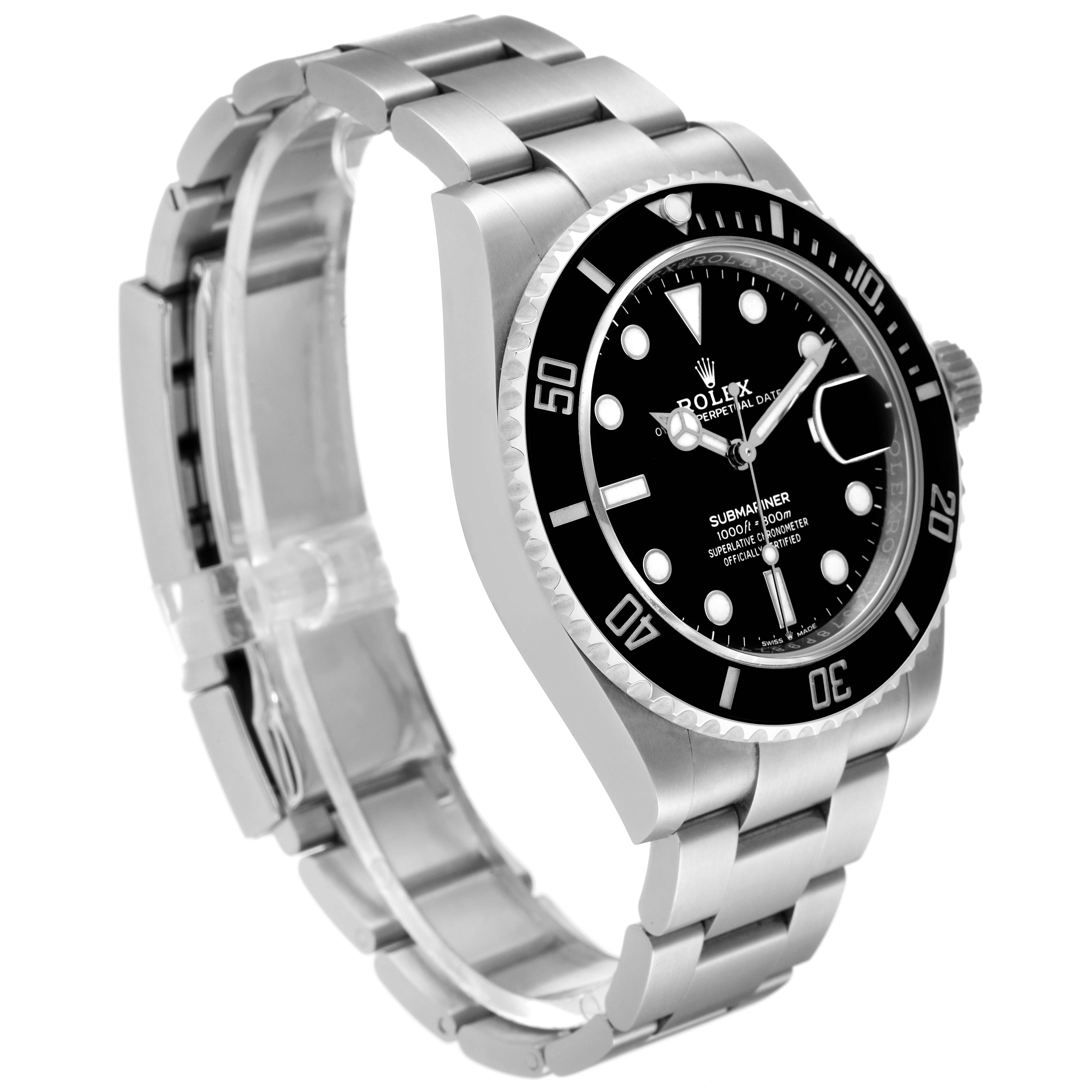 The image shows a side angle of the Rolex Submariner 126610 Men's Stainless Steel Black Dial 126610 Men's Stainless Steel Black Dial, highlighting the bezel, case, bracelet, and crown.