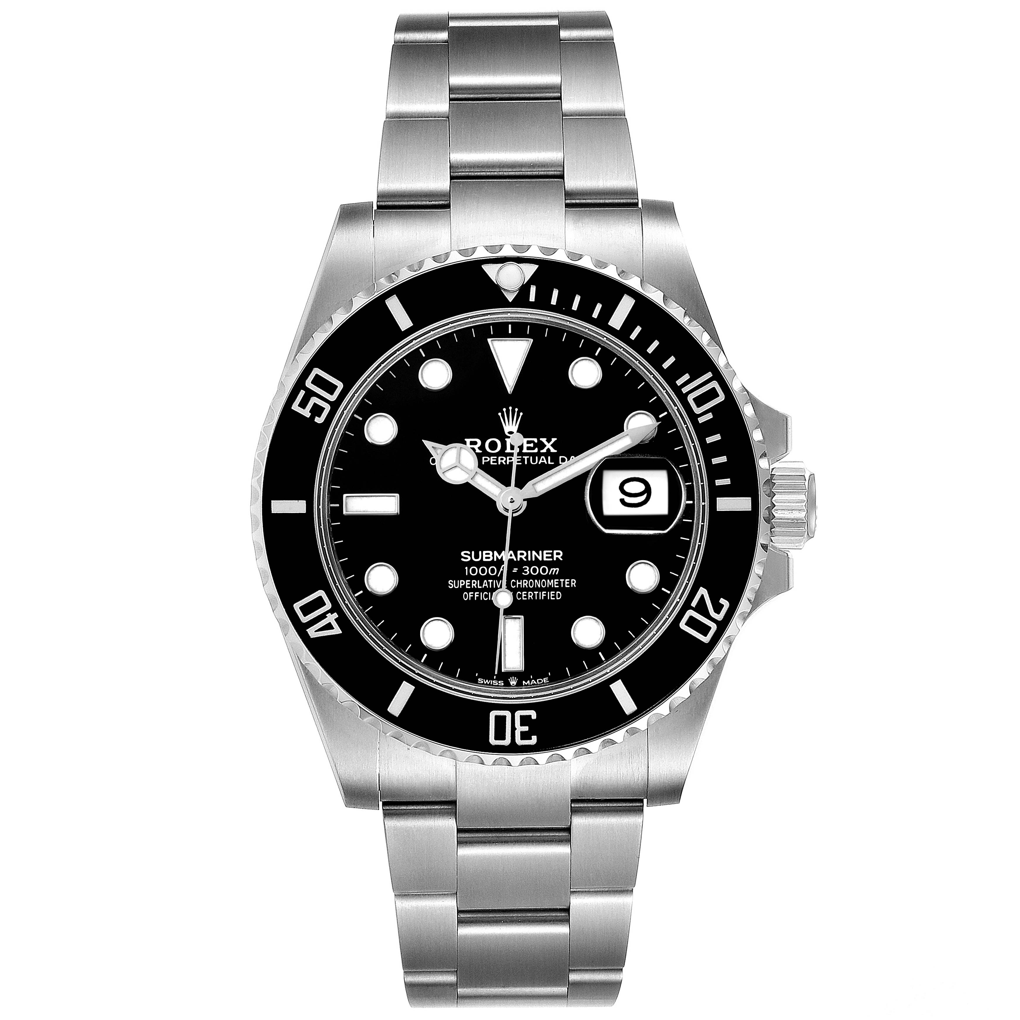 The image shows a front view of a Rolex Submariner 126610 Men's Stainless Steel Black Dial 126610 Men's Stainless Steel Black Dial watch, displaying its dial, bezel, bracelet, and date window.