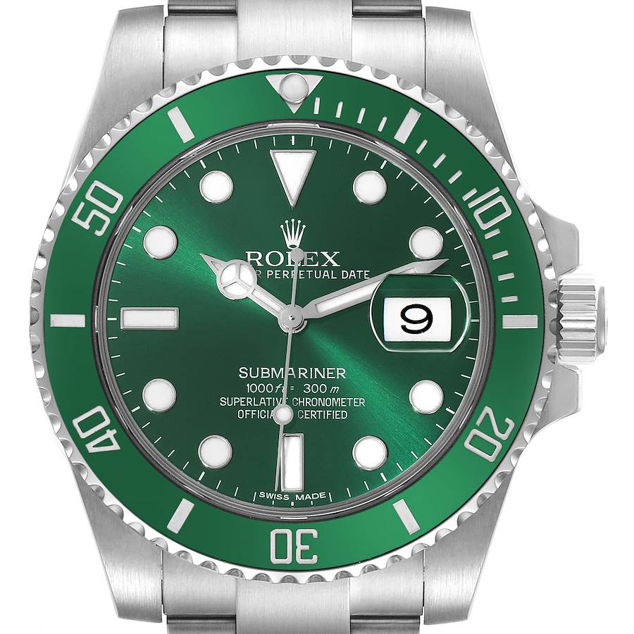 The Rolex Submariner watch is shown from the front, displaying the dial, bezel, and part of the bracelet.