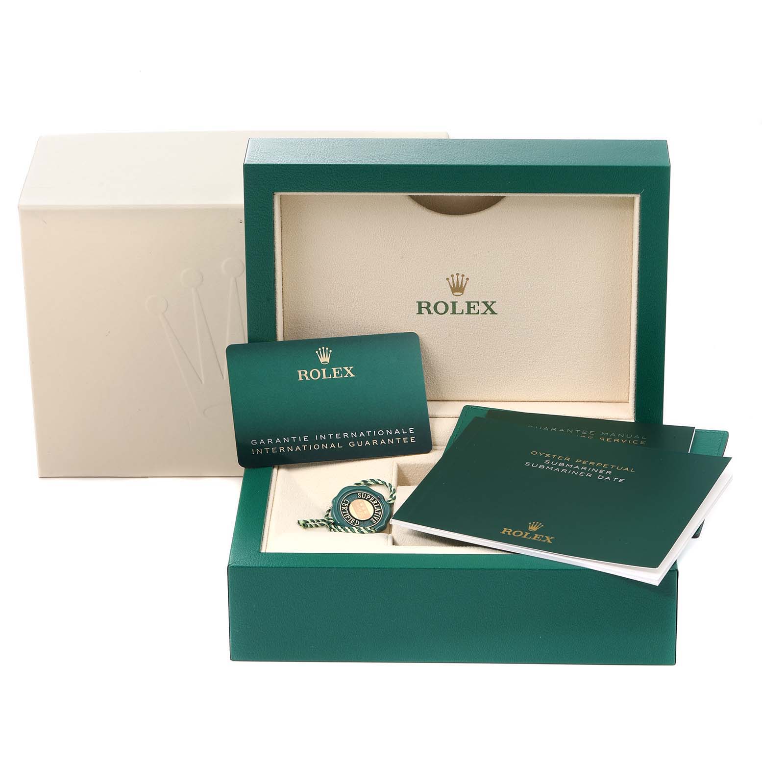 The image shows the packaging and accessories for a Rolex Submariner 124060 Men
s Stainless Steel Black Dial 124060 Men
s Stainless Steel Black Dial, including the box, international guarantee card, and booklets.