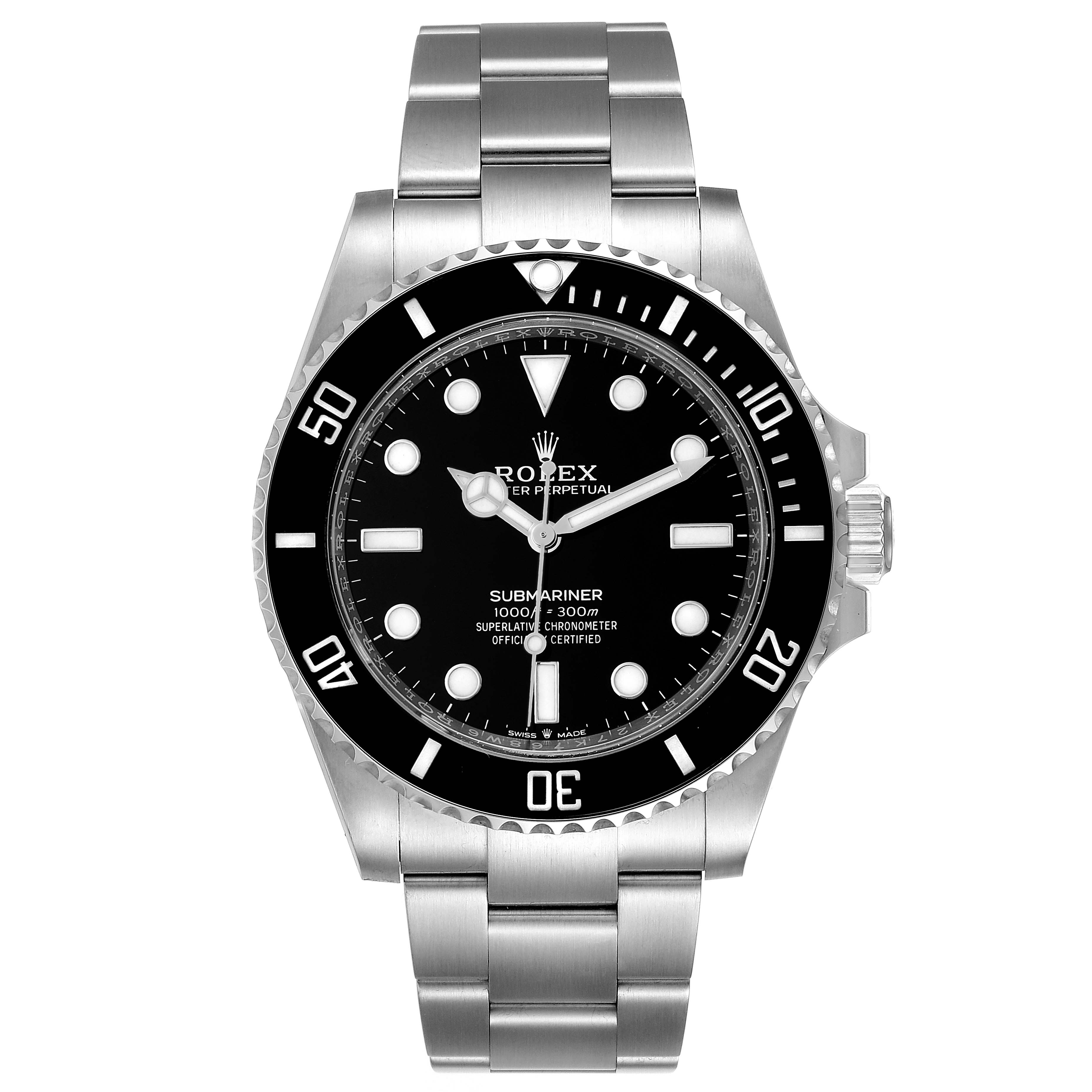 This image shows a front view of the Rolex Submariner 124060 Men
s Stainless Steel Black Dial 124060 Men
s Stainless Steel Black Dial, displaying the dial, bezel, and bracelet.