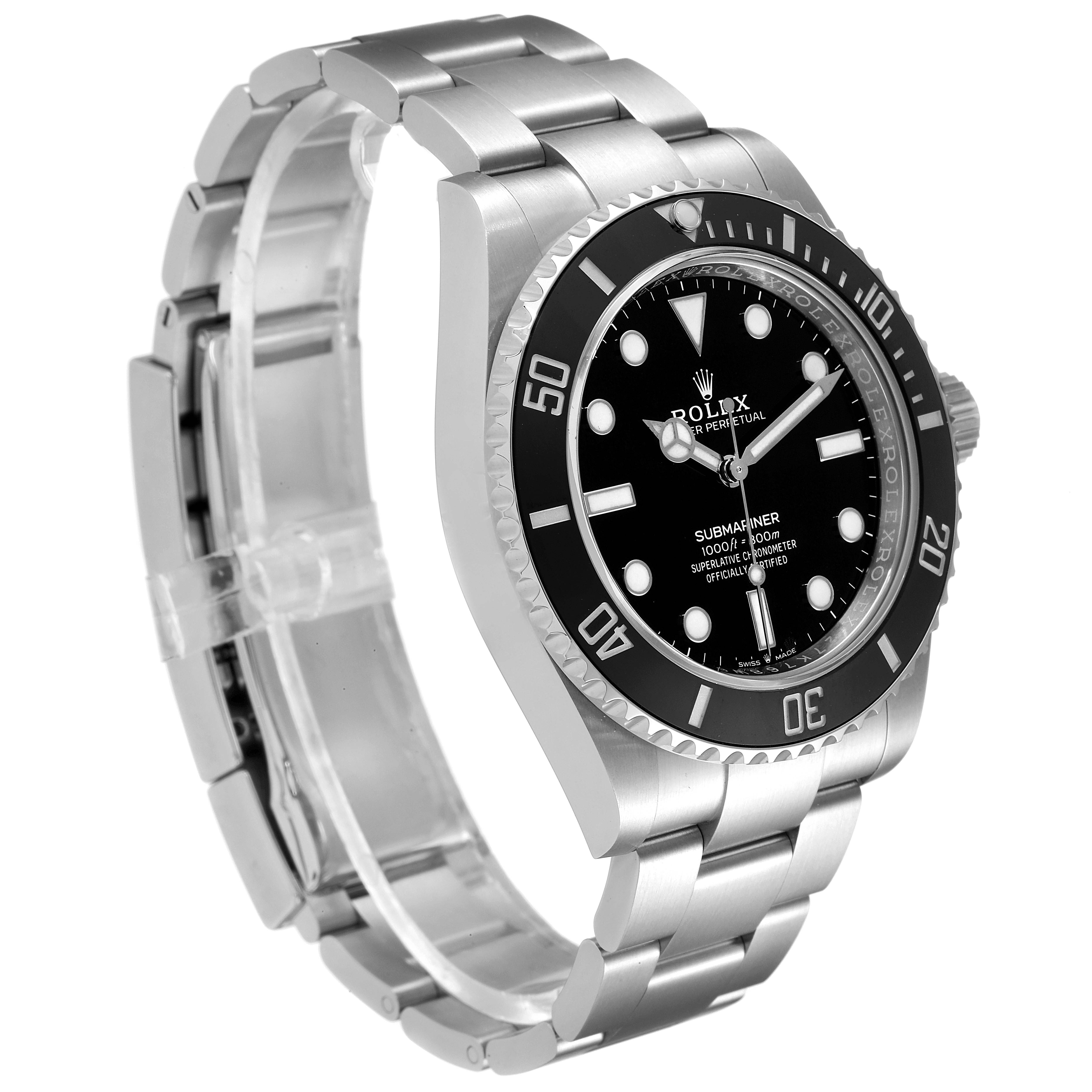 The Rolex Submariner 124060 Men
s Stainless Steel Black Dial 124060 Men
s Stainless Steel Black Dial watch is shown at a three-quarter angle, highlighting the dial, bezel, case, and bracelet.