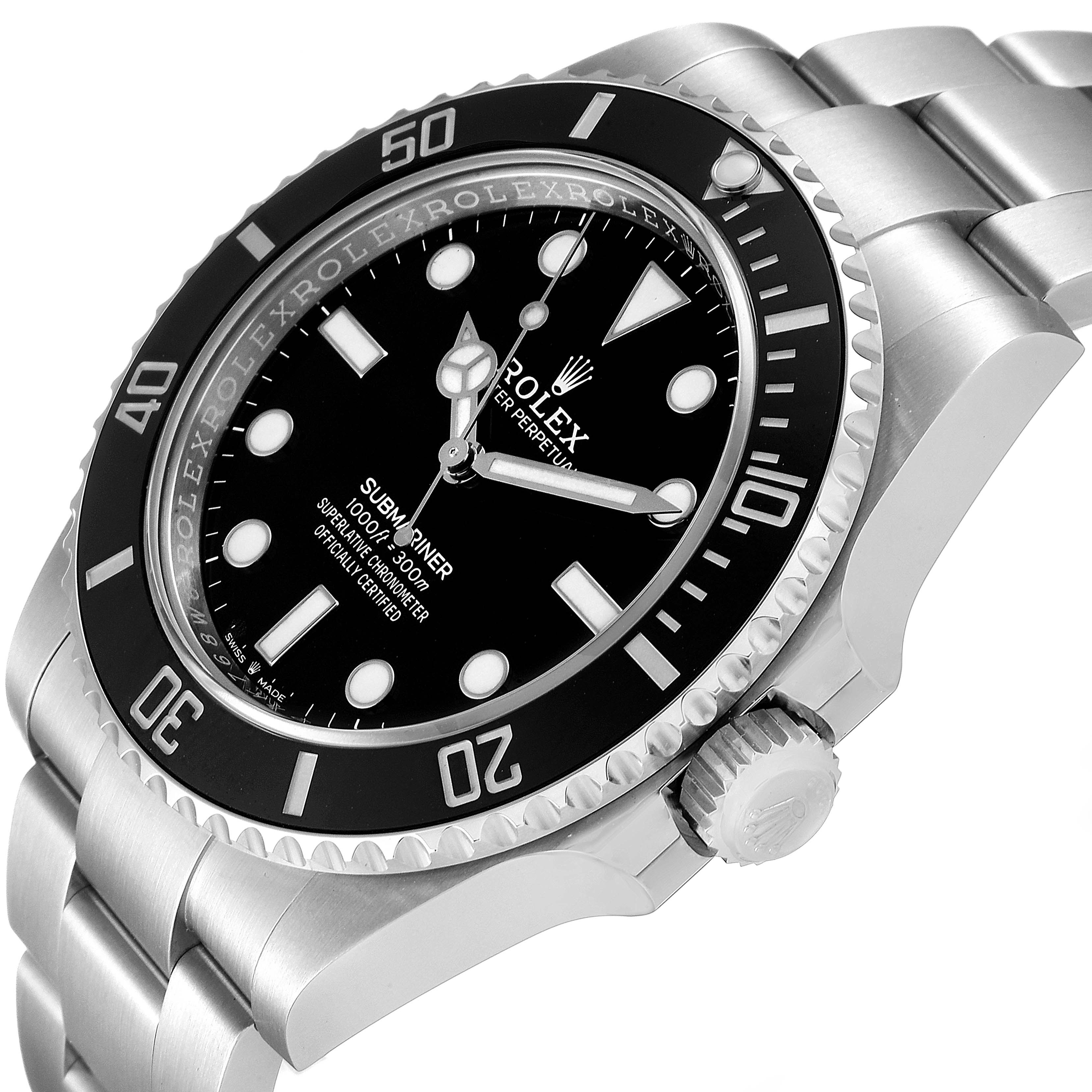 The image shows a side angle view of a Rolex Submariner 124060 Men
s Stainless Steel Black Dial 124060 Men
s Stainless Steel Black Dial watch, highlighting its bezel, dial, crown, and bracelet.