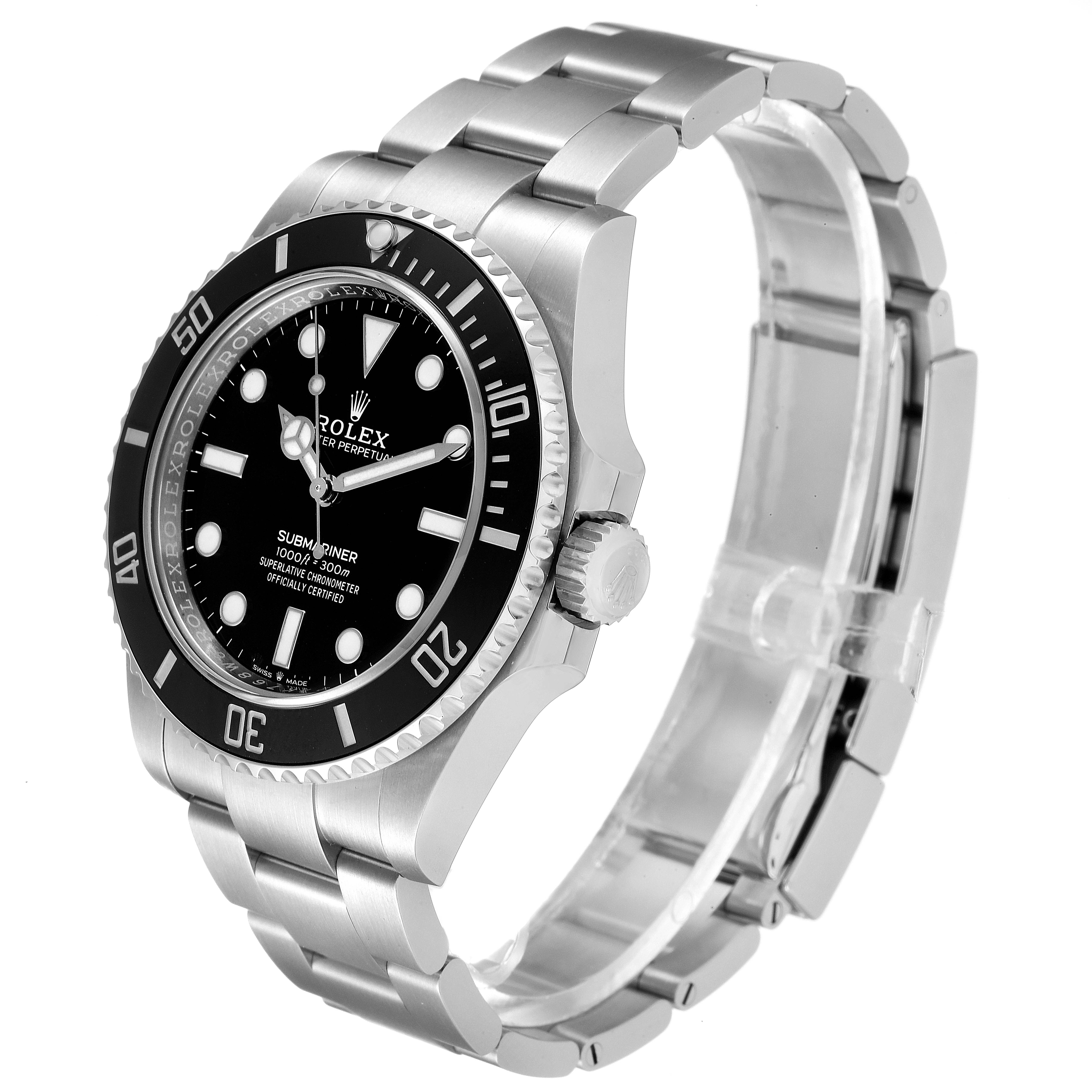 A Rolex Submariner 124060 Men
s Stainless Steel Black Dial 124060 Men
s Stainless Steel Black Dial is shown from an angle highlighting the face, bezel, crown, and stainless steel bracelet.