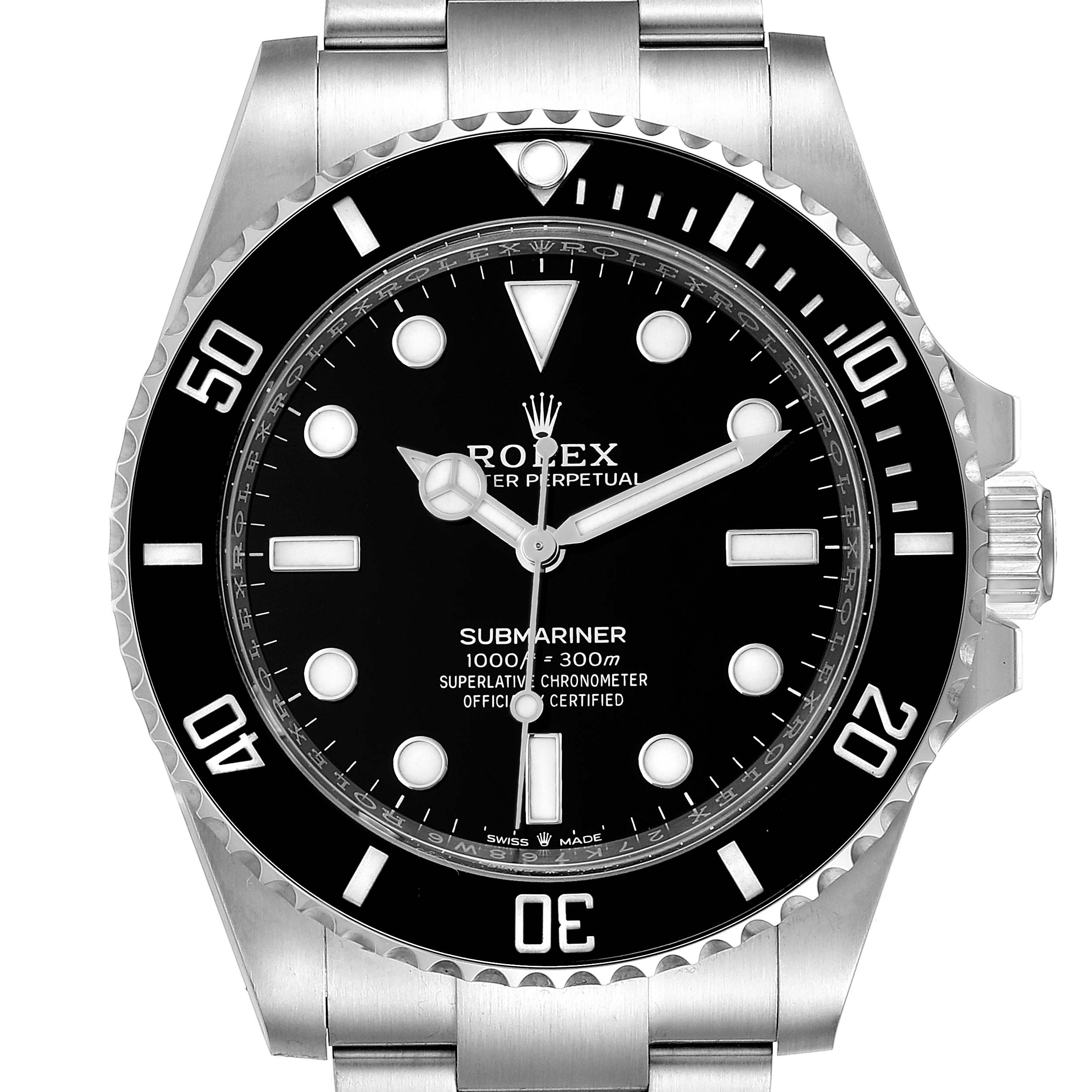 The image shows a front view of the Rolex Submariner 124060 Men
s Stainless Steel Black Dial 124060 Men
s Stainless Steel Black Dial watch, displaying its black dial, bezel, and stainless steel bracelet.
