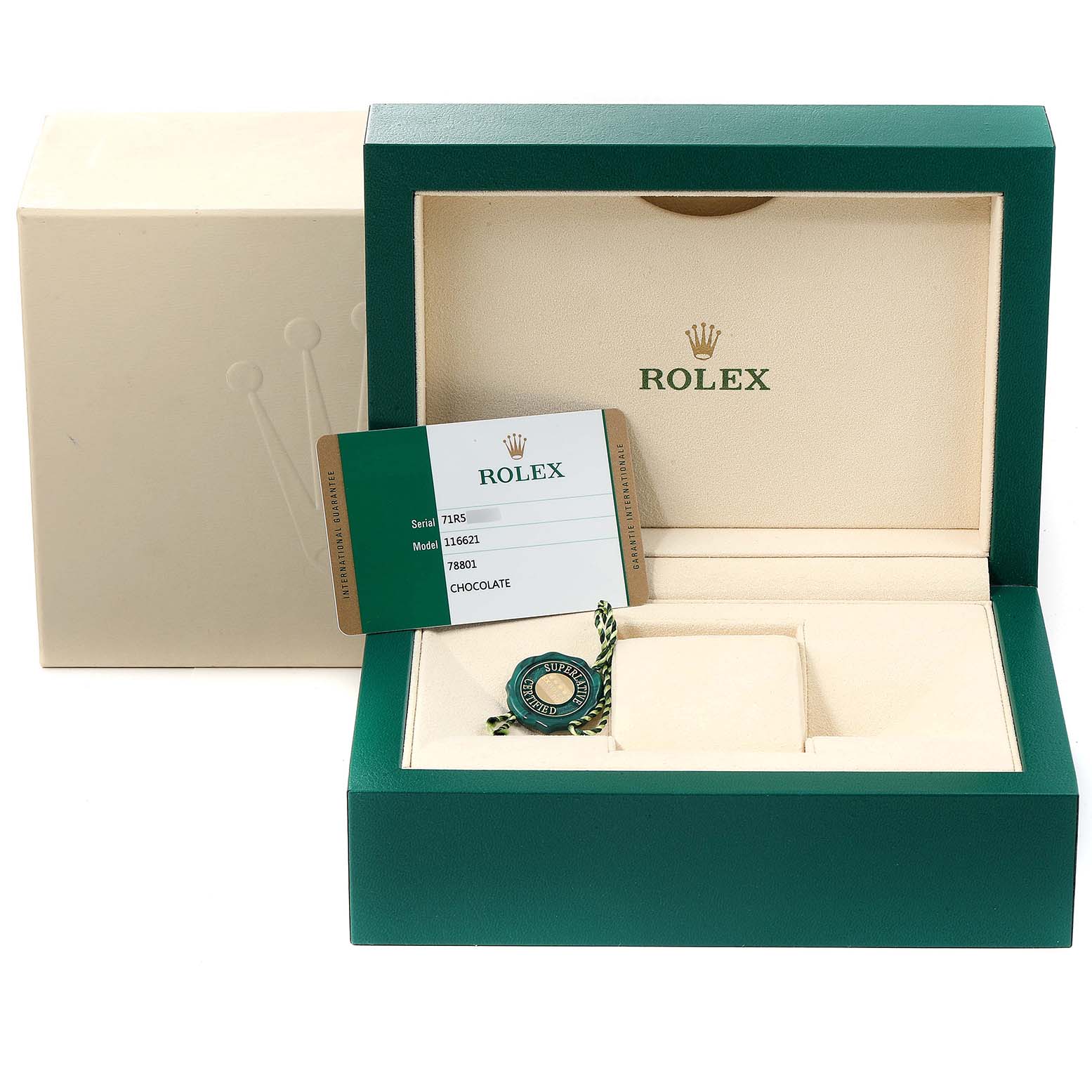 The image shows the box, warranty card, and hang tag for a Rolex Yacht-Master 116621 Men's Steel and Gold (two tone) Brown Dial 116621 Men's Steel and Gold (two tone) Brown Dial watch.