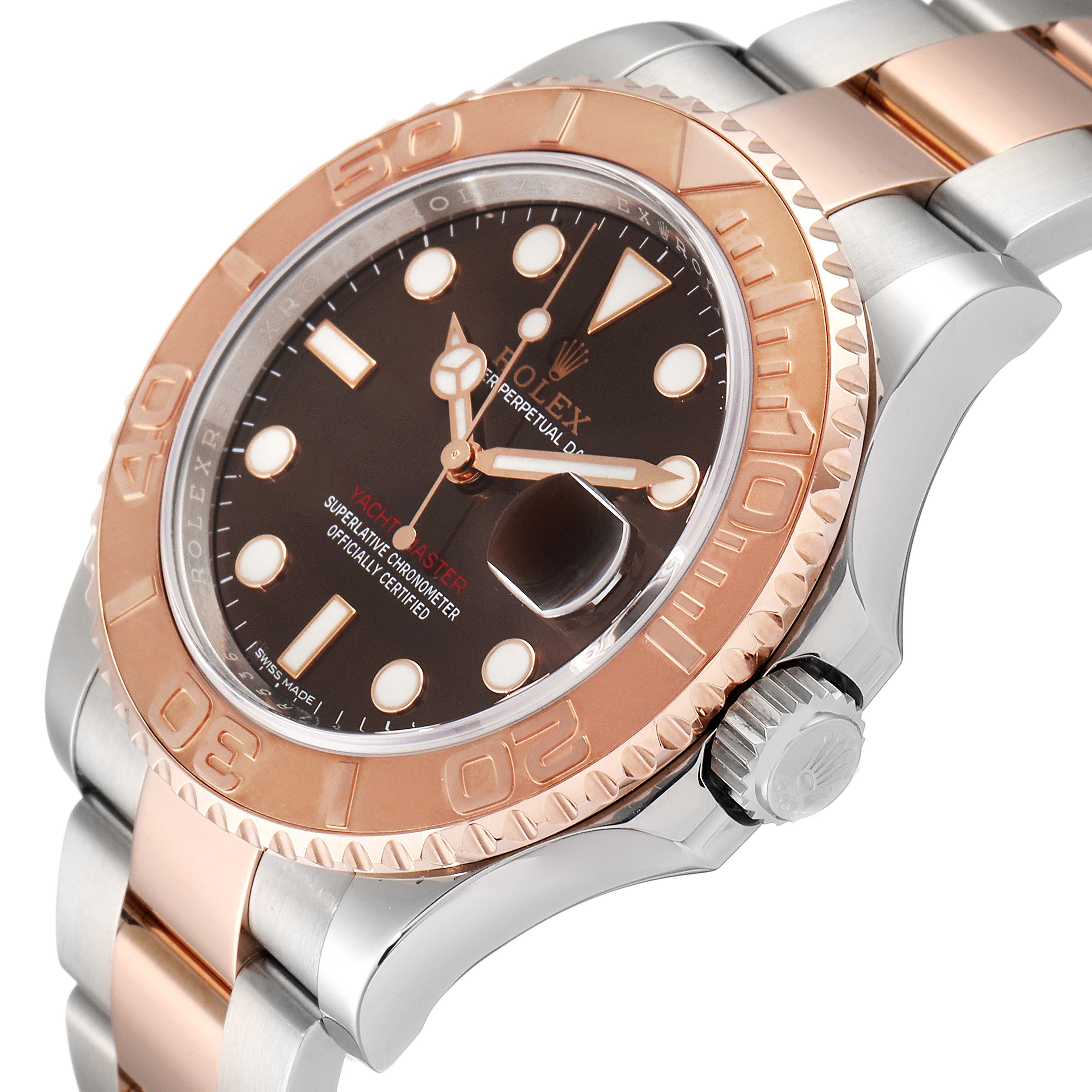 The Rolex Yacht-Master 116621 Men's Steel and Gold (two tone) Brown Dial 116621 Men's Steel and Gold (two tone) Brown Dial watch is shown at an angle highlighting the bezel, dial, crown, and part of the bracelet.
