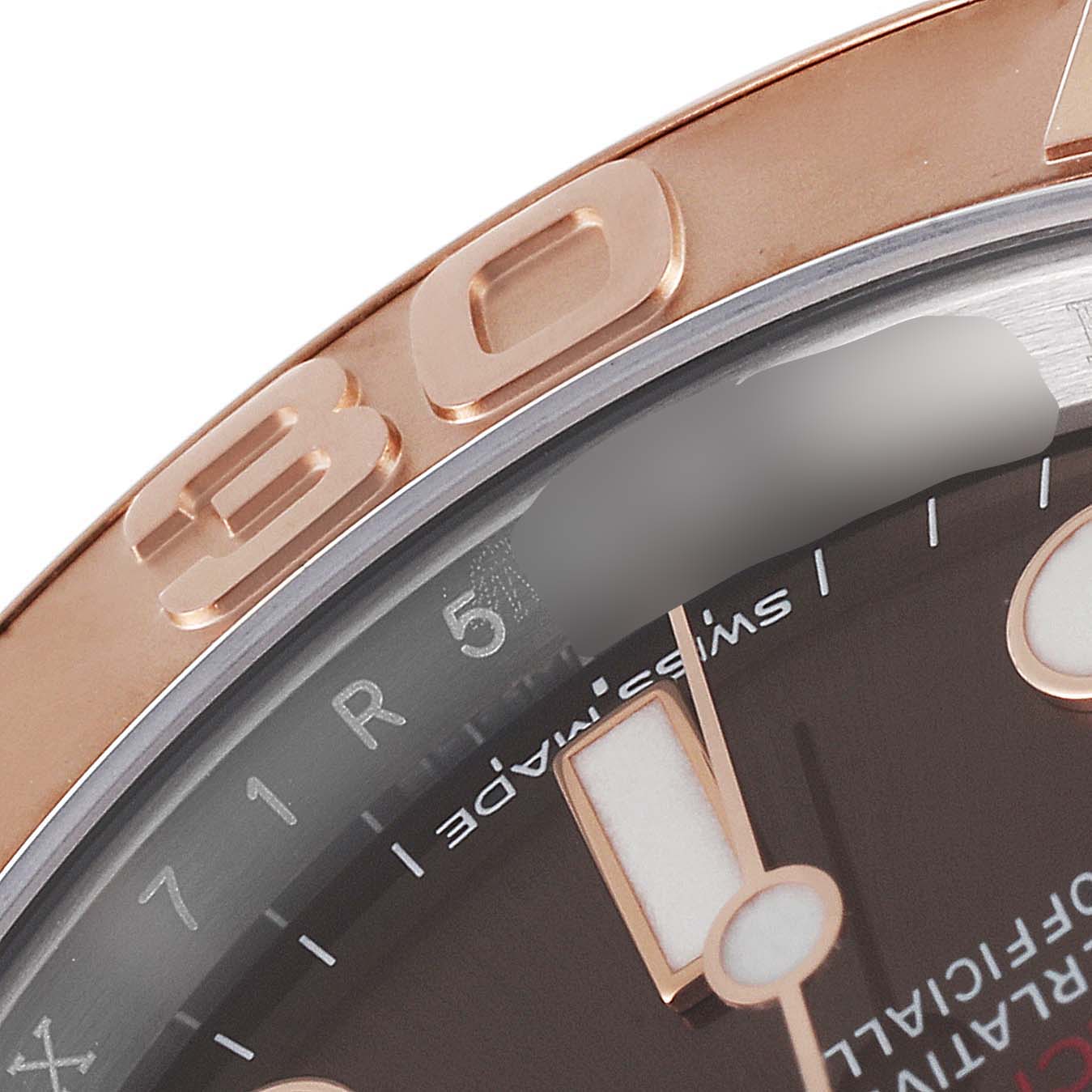 This image shows a close-up of the dial and bezel of a Rolex Yacht-Master 116621 Men's Steel and Gold (two tone) Brown Dial 116621 Men's Steel and Gold (two tone) Brown Dial watch, specifically highlighting the “30” mark on the bezel.