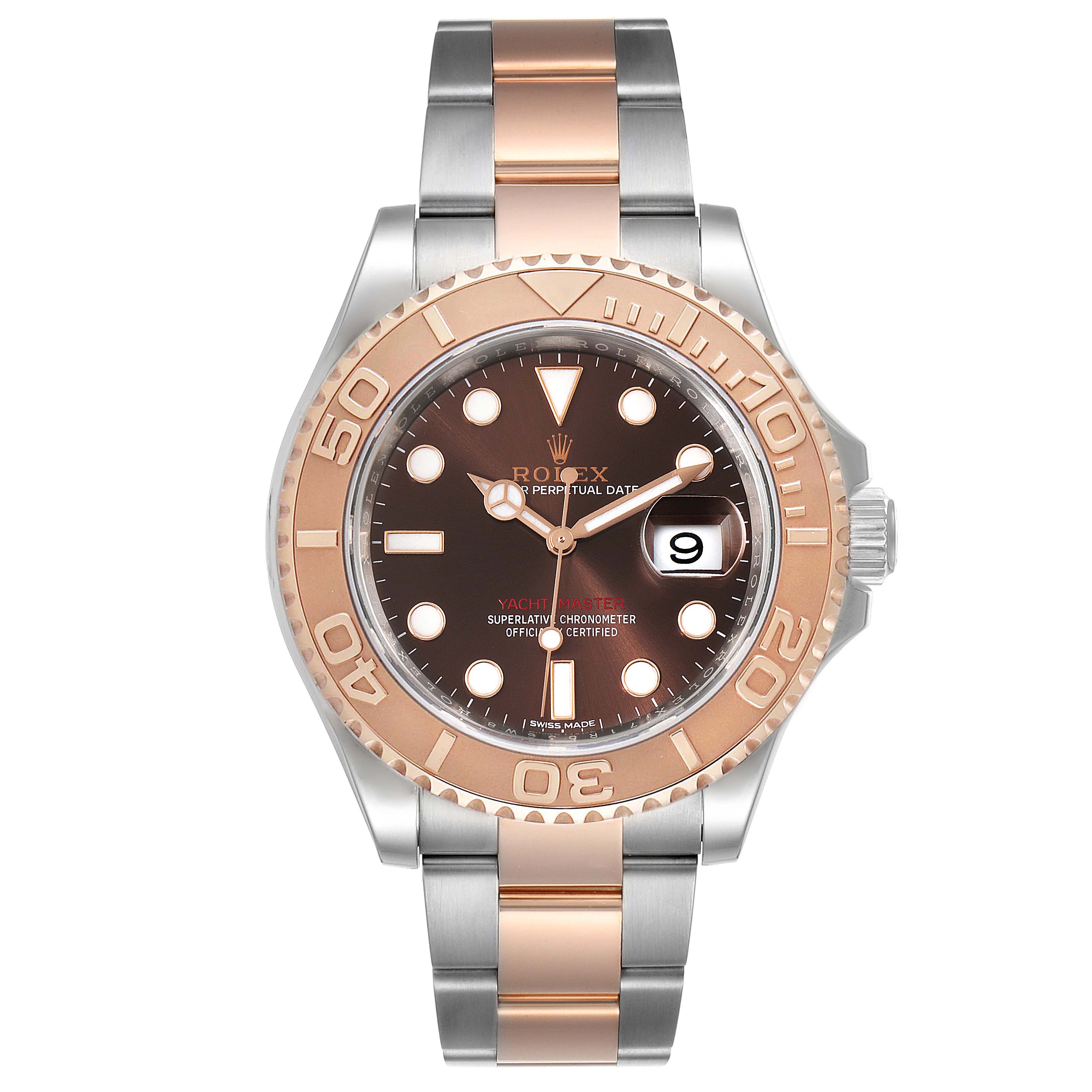 The image shows a front view of a Rolex Yacht-Master 116621 Men's Steel and Gold (two tone) Brown Dial 116621 Men's Steel and Gold (two tone) Brown Dial watch, displaying the dial, bezel, hands, and bracelet.