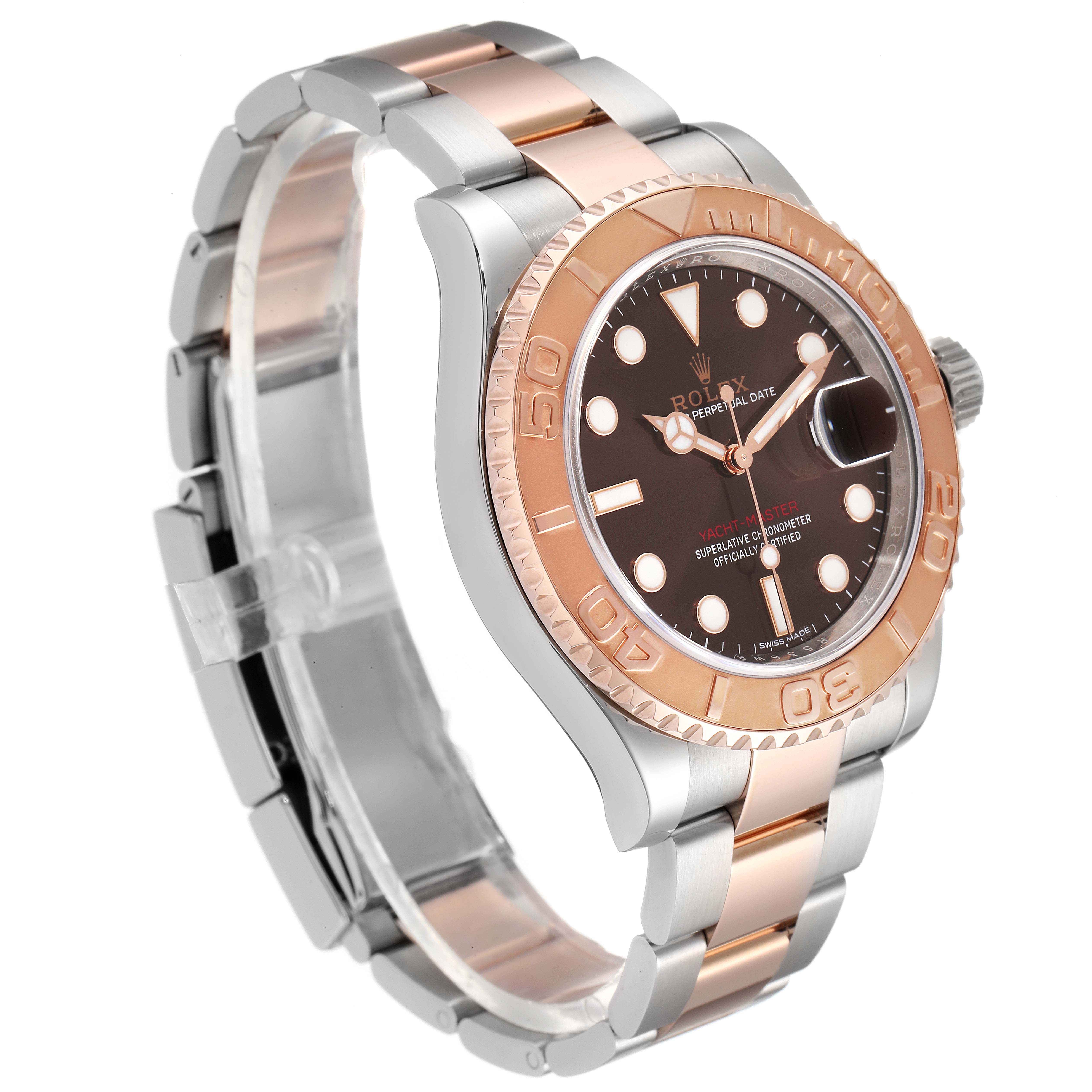 The image shows a Rolex Yacht-Master 116621 Men's Steel and Gold (two tone) Brown Dial 116621 Men's Steel and Gold (two tone) Brown Dial watch at an angled view, highlighting the bezel, bracelet, and face.