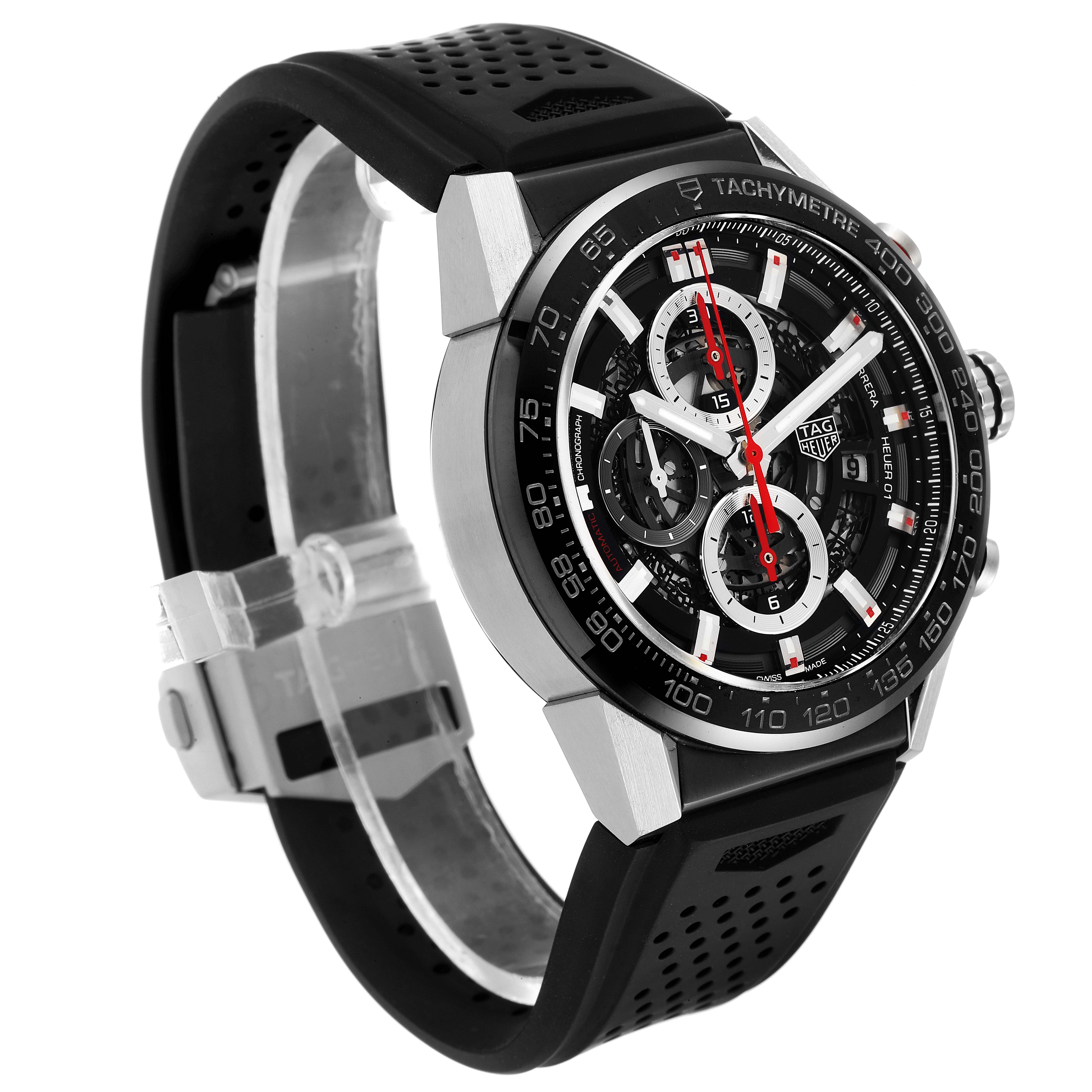The image shows a Tag Heuer Carrera CAR201V.BA0714 Men
s Stainless Steel Black Dial CAR201V.BA0714 Men
s Stainless Steel Black Dial watch from a tilted angle, displaying the face, bezel, crown, and part of the black strap.