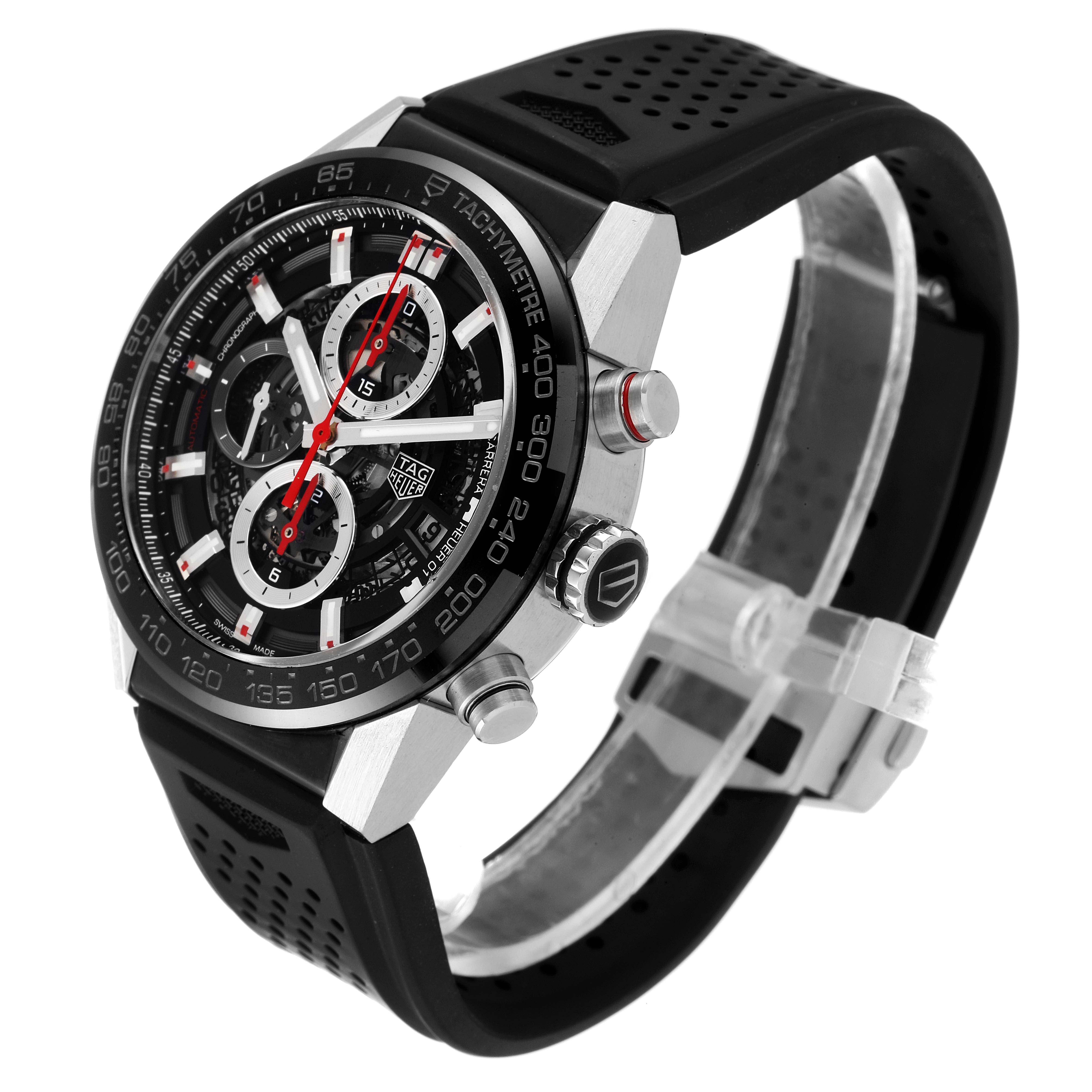 The image shows a Tag Heuer Carrera CAR201V.BA0714 Men
s Stainless Steel Black Dial CAR201V.BA0714 Men
s Stainless Steel Black Dial watch from a front angled view, highlighting the dial, bezel, and strap.